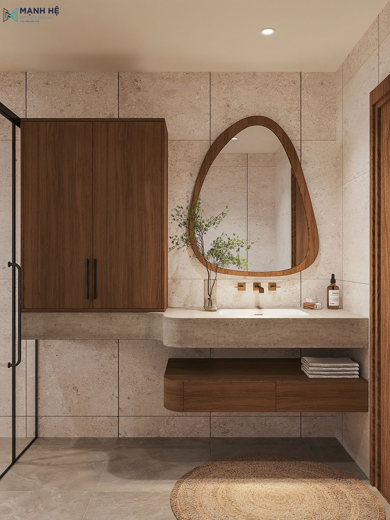 Phòng tắm master phong cách Japandi với bồn rửa ốp đá, gương gỗ và tủ treo gọn gàng