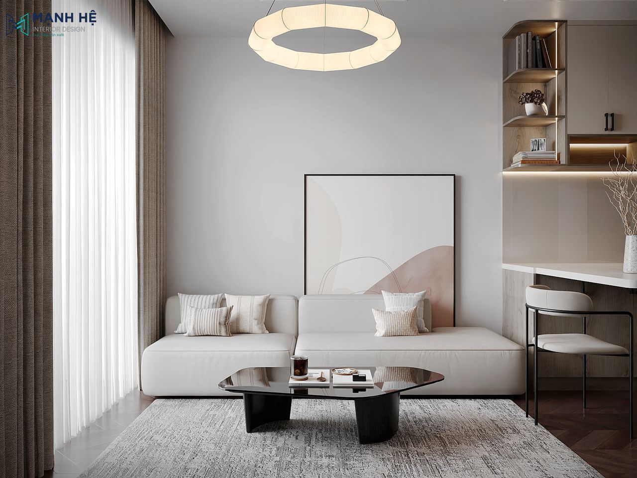 Phòng khách chung cư Beverly Solari 49m2 thiết kế hiện đại, tông màu trung tính kết hợp bàn trà mặt kính đen tạo điểm nhấn sang trọng