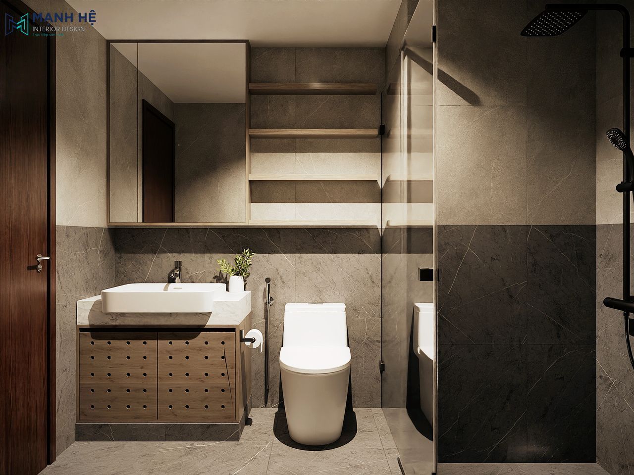 Thiết kế phòng tắm căn hộ phong cách hiện đại, tông xám chủ đạo, bố trí lavabo, bồn cầu và khu tắm đứng gọn gàng, tối ưu công năng và thẩm mỹ