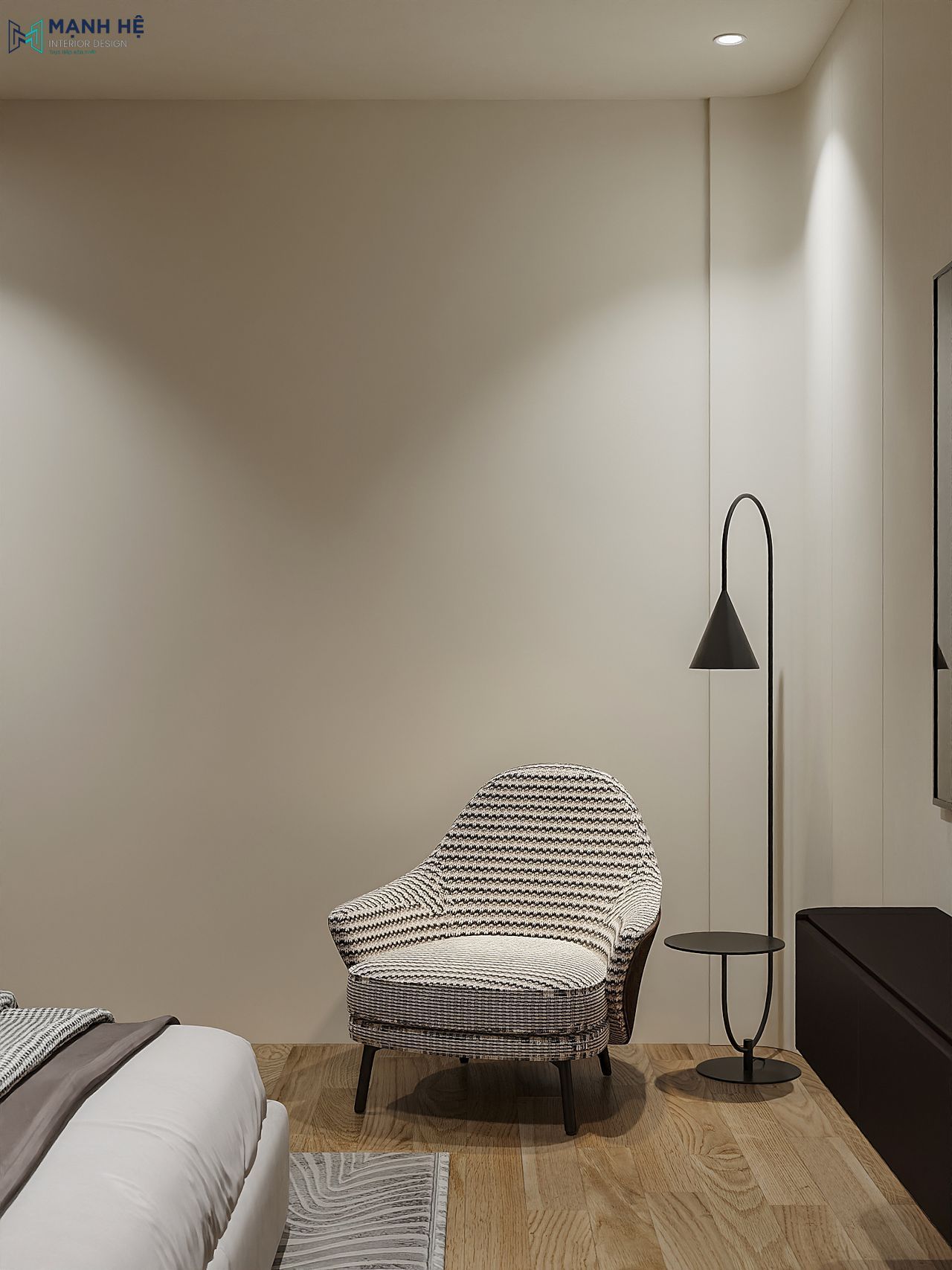 Góc đọc sách và thư giãn trong phòng ngủ, bố trí ghế tựa và đèn sàn màu đen phong cách tối giản