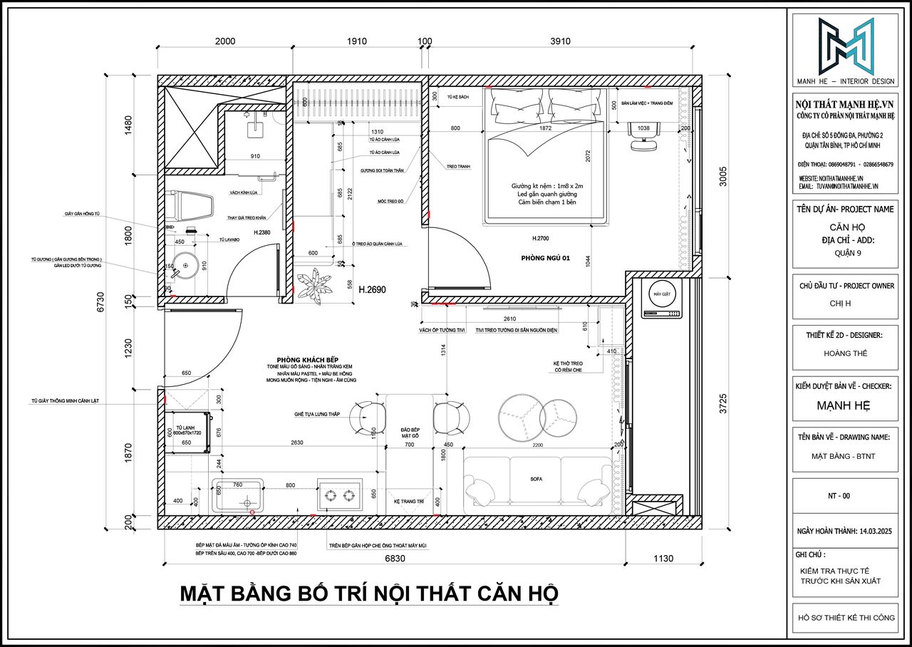 Mặt bằng bố trí nội thất căn hộ Beverly Solari 49m2 gồm phòng khách liền bếp và 1 phòng ngủ tiện nghi, nhỏ gọn