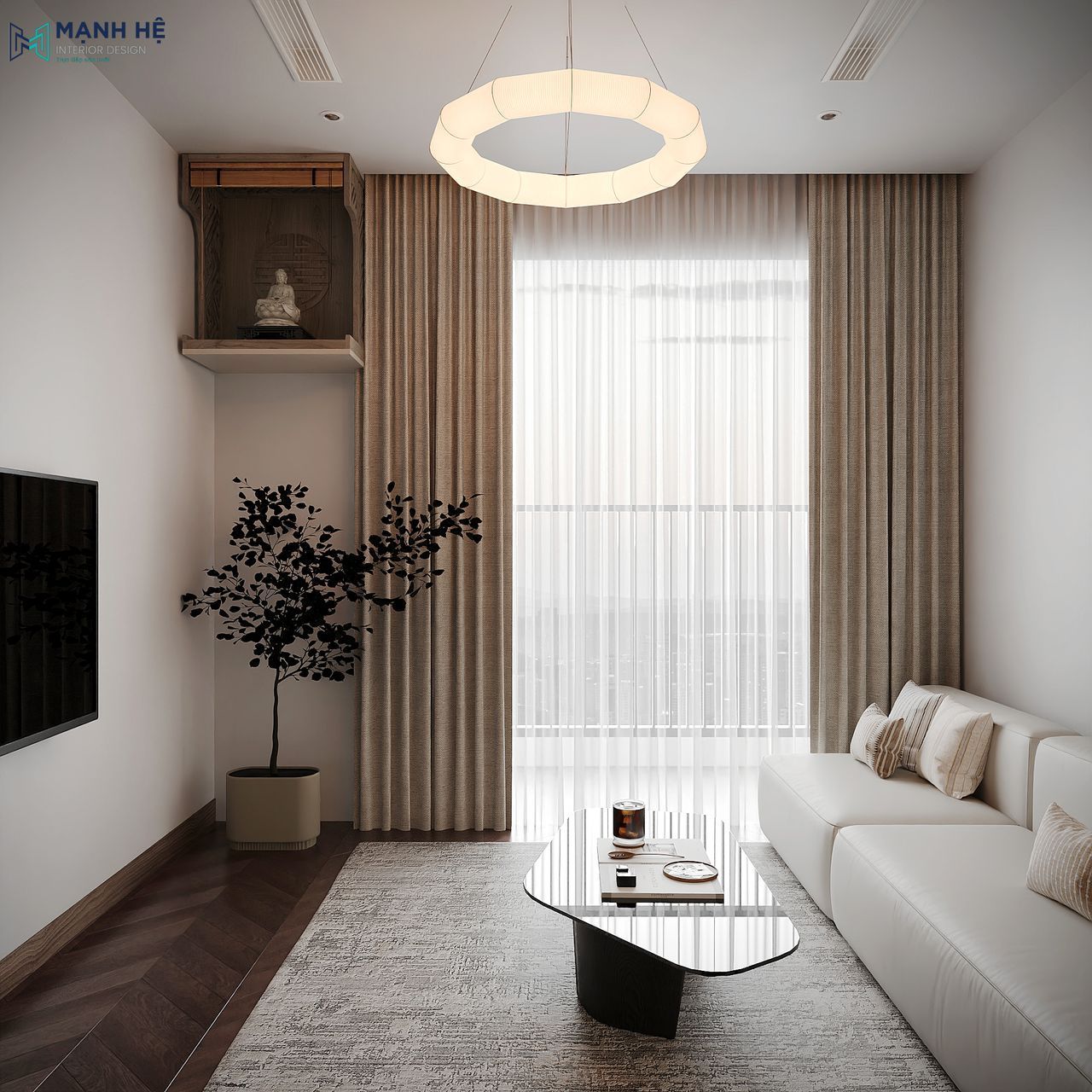 Góc nhìn phòng khách căn hộ Beverly Solari với rèm hai lớp và ánh sáng dịu nhẹ, mang lại cảm giác ấm cúng và gần gũi
