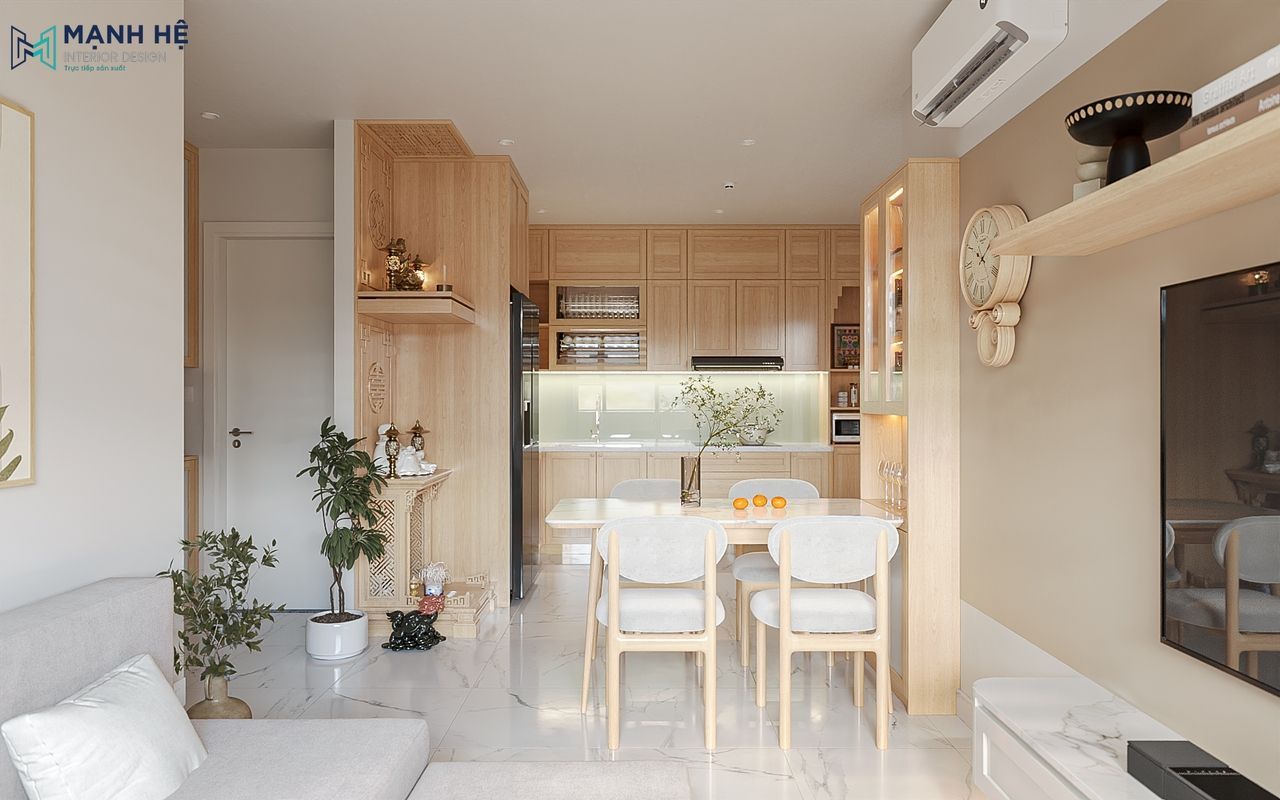 Góc nhìn tổng thể phòng khách bếp liên thông tạo sự liền mạch không gian với nội thất gỗ đồng bộ