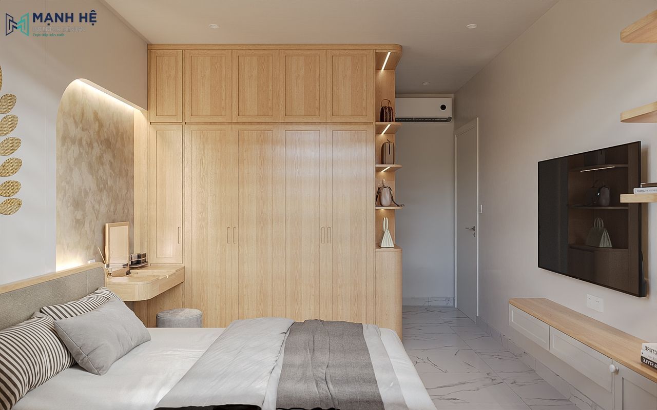 Phòng ngủ master căn hộ thiết kế tủ quần áo kịch trần bo cong tích hợp kệ trang trí kết hợp ánh sáng LED ấm áp