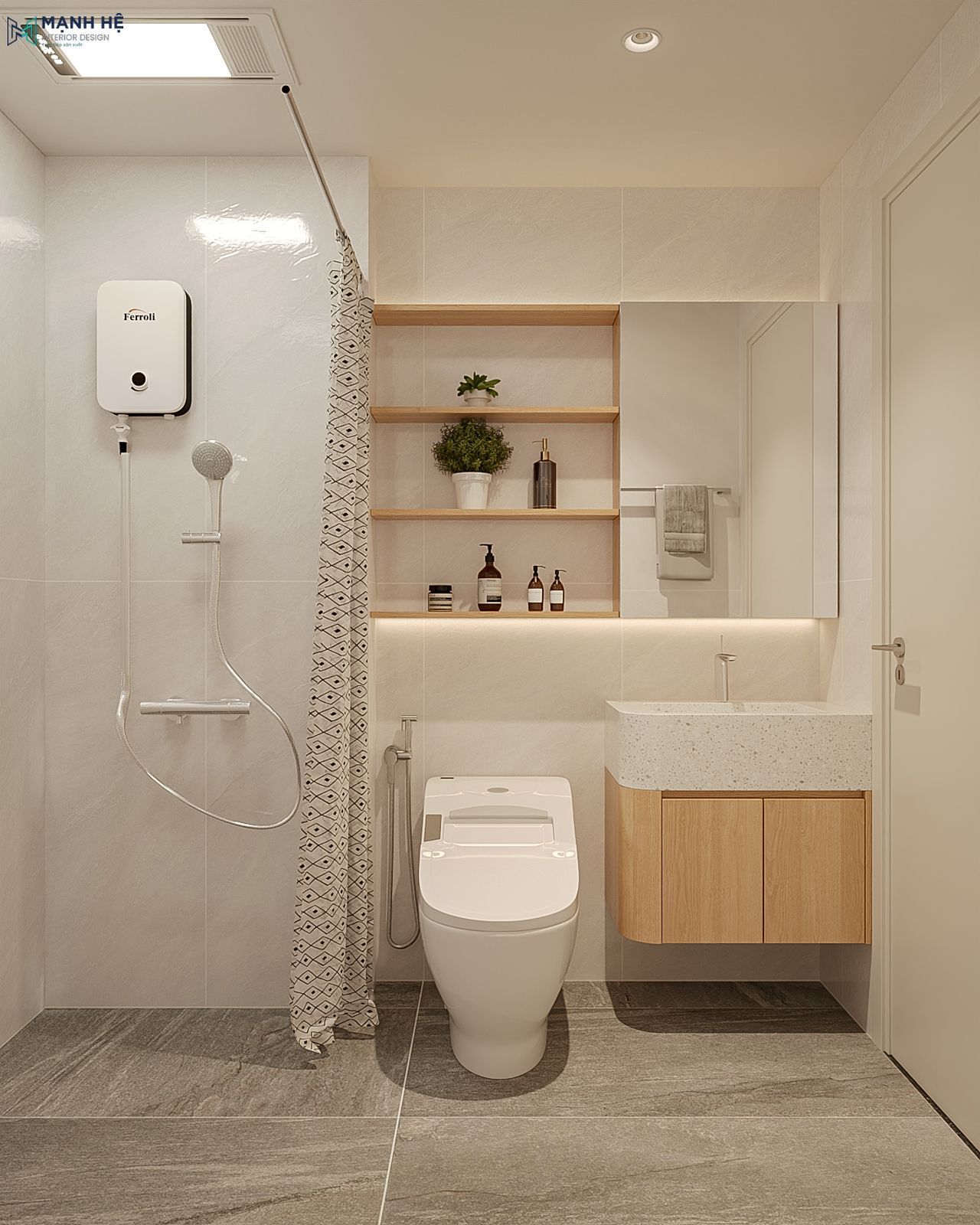 Không gian nhà vệ sinh hiện đại, tinh giản với gam màu trắng phối nâu gỗ sáng kết hợp tủ lavabo treo tường và kệ gỗ mở tiện dụng