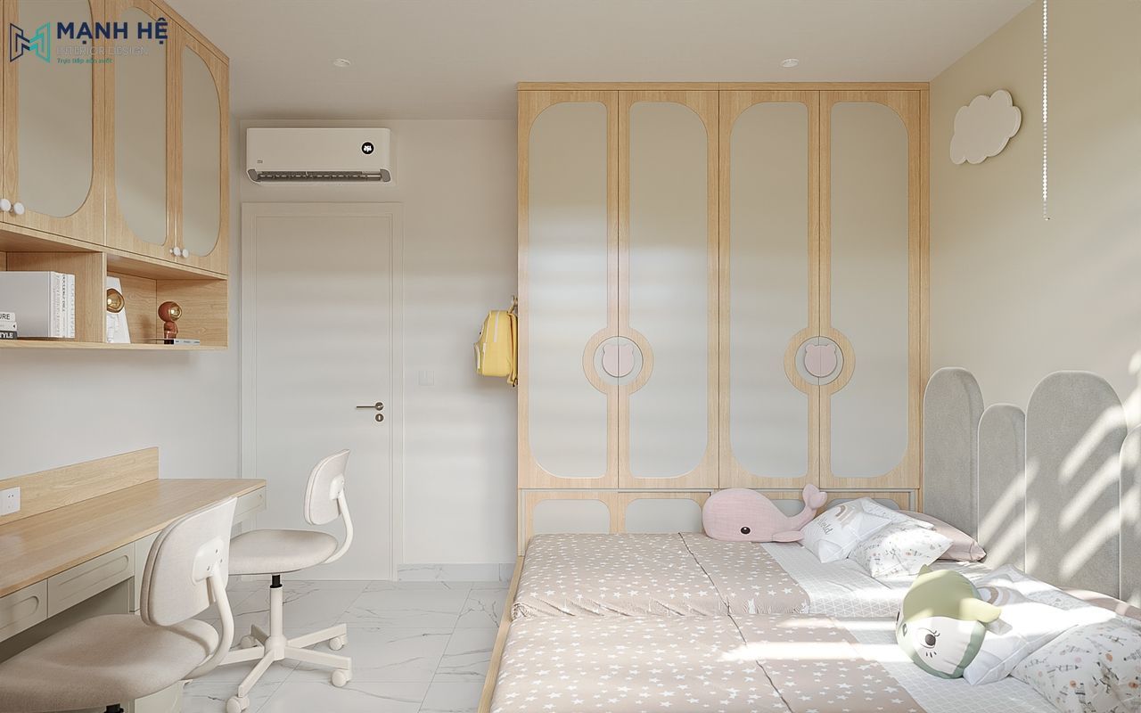 Phòng ngủ bé gái với hệ tủ quần áo kịch trần liền giường với thiết kế bo tròn và chi tiết tay nắm hình thú