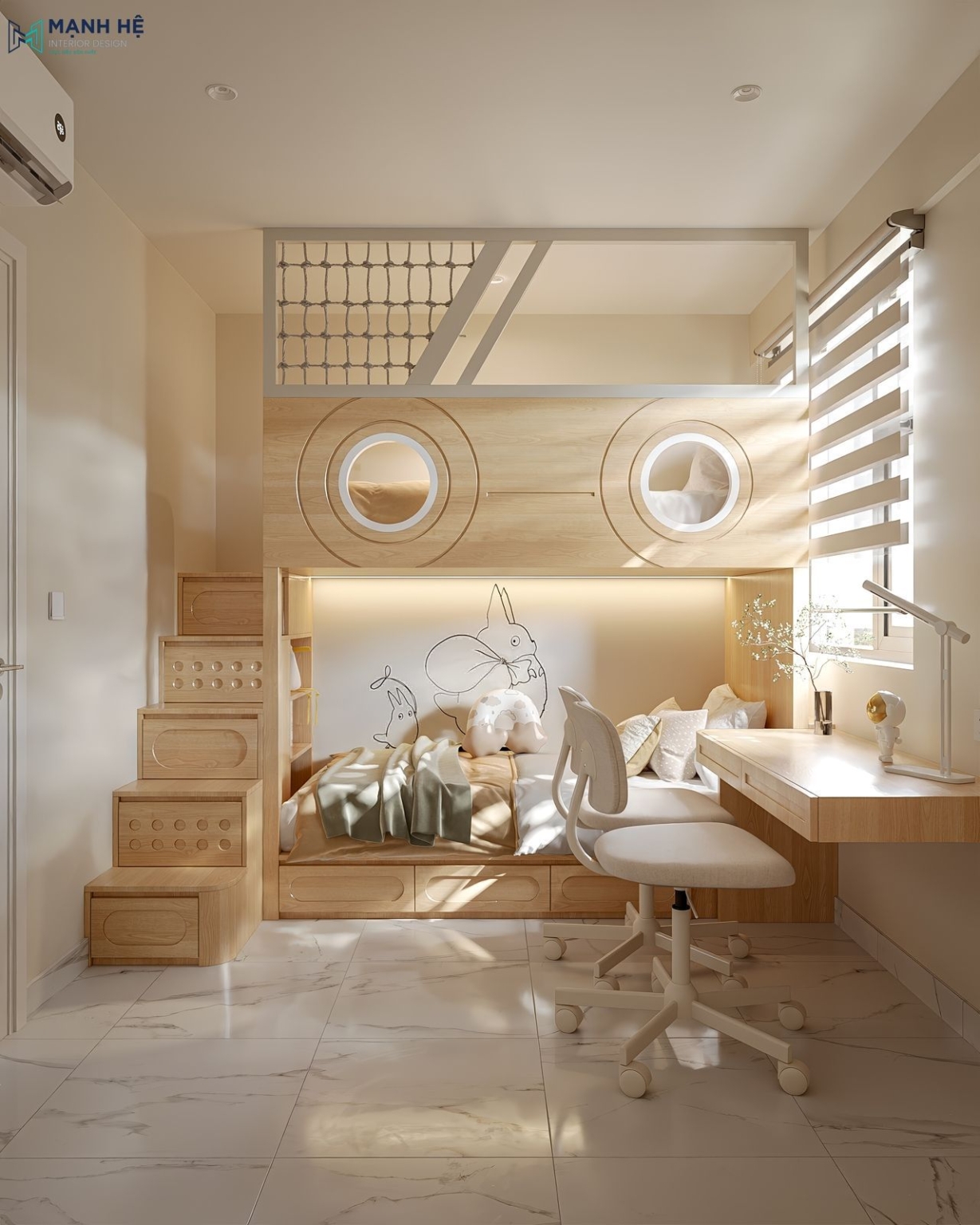 Giường tầng tích hợp bàn học và cầu thang hộc kéo giúp tối ưu diện tích phòng ngủ cho hai bé