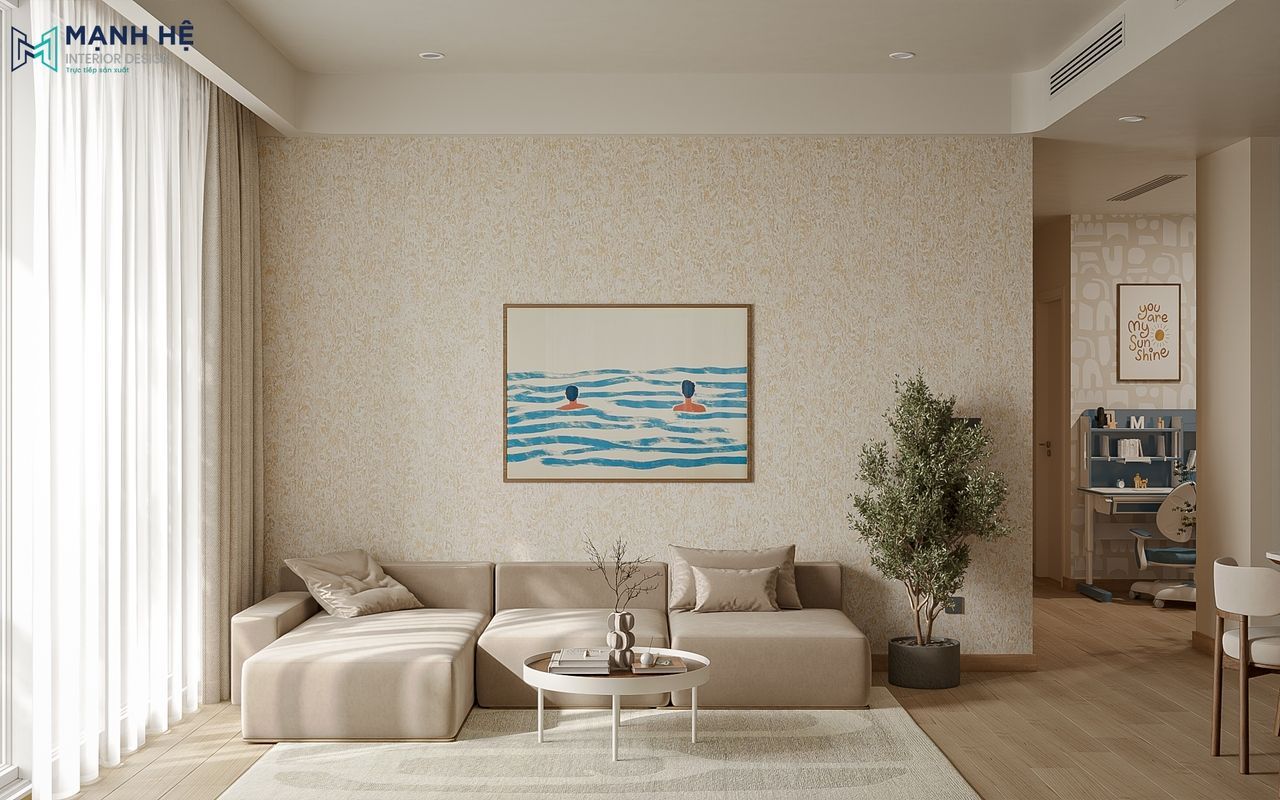 Không gian phòng khách chung cư phong cách Japandi với sofa be dáng thấp kết hợp bàn trà tròn tối giản, điểm nhấn tranh treo tường thư giãn