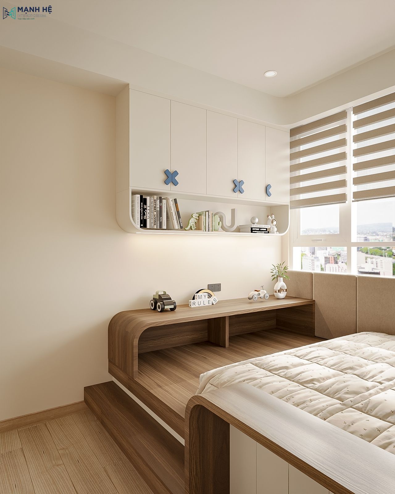 Thiết kế góc đọc sách tích hợp kệ sách treo tường với các góc bo cong giúp an toàn hơn cho trẻ nhỏ khi vui chơi và sinh hoạt