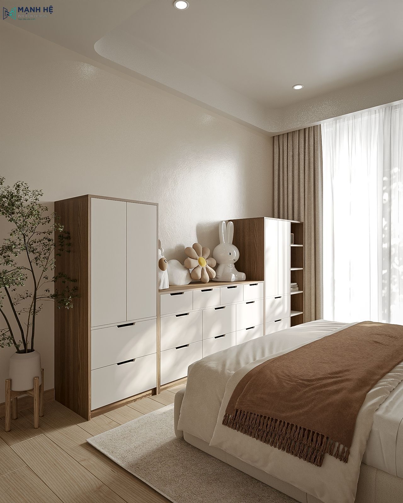 Tủ lưu trữ thấp kết hợp kệ trang trí gỗ phối trắng, được bố trí đối diện giường