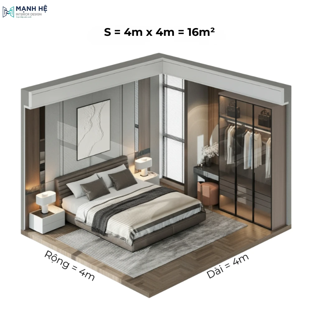 Minh họa cách tính diện tích phòng ngủ hình vuông 4x4m với thiết kế đầy đủ công năng