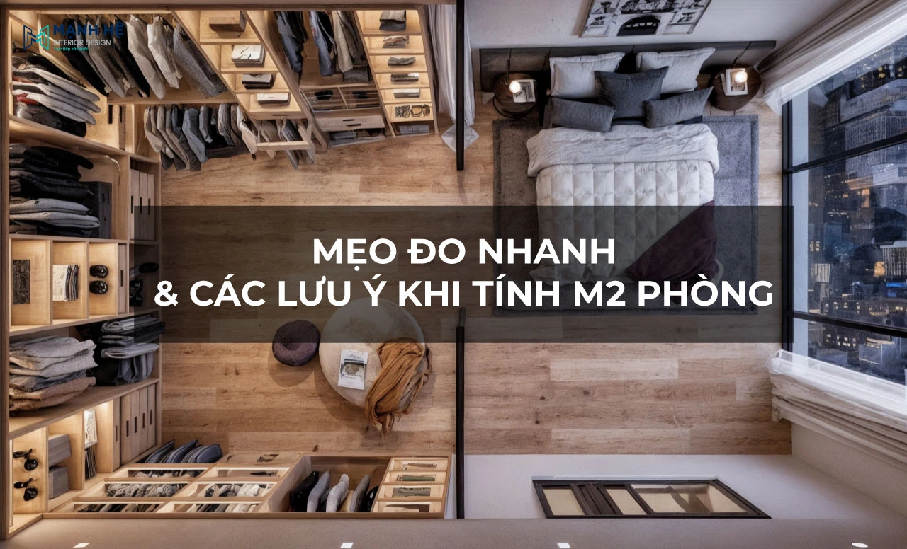 Phối cảnh nhìn từ trên xuống của phòng ngủ liền kề phòng thay đồ hiện đại với tông gỗ ấm, ánh sáng tự nhiên tràn ngập từ cửa sổ lớn; hình ảnh minh họa cho mẹo đo nhanh và các lưu ý khi tính m2 phòng trong thiết kế nội thất