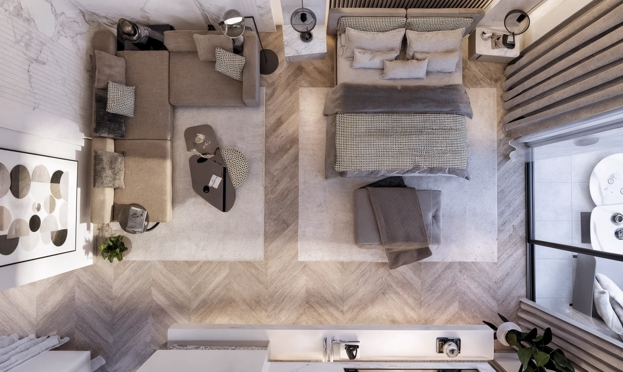 Mẫu phòng ngủ hình chữ nhật với gam màu trung tính chủ đạo kết hợp góc sofa thư giãn