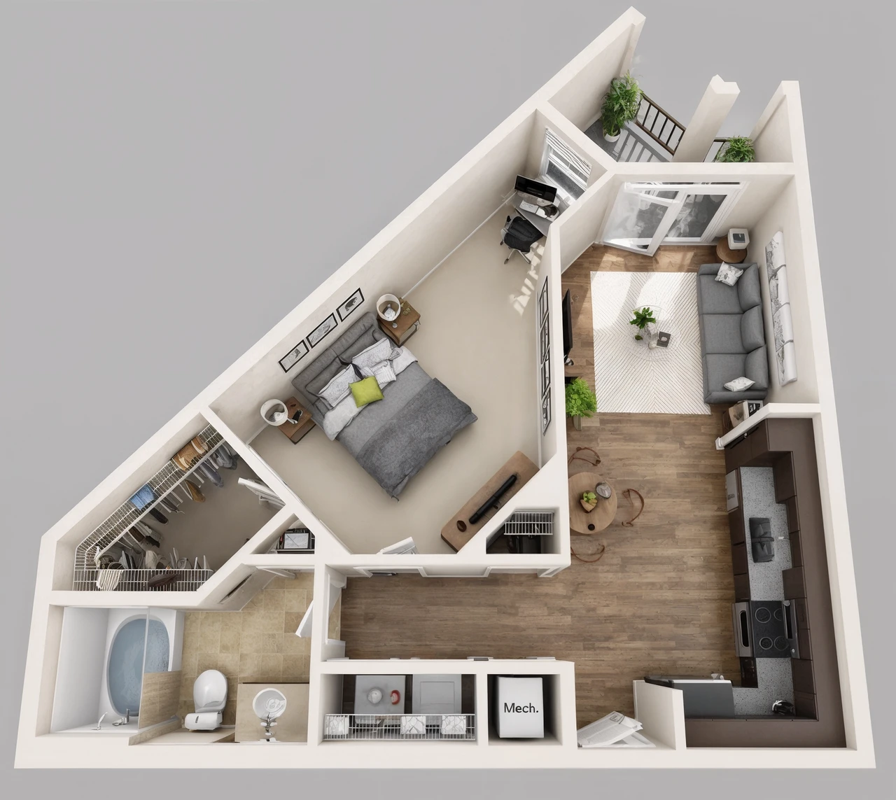 Bản vẽ 3D phòng ngủ góc vát, minh họa cho hướng dẫn cách tính diện tích m2 phòng ngủ có dạng tam giác hoặc góc nghiêng