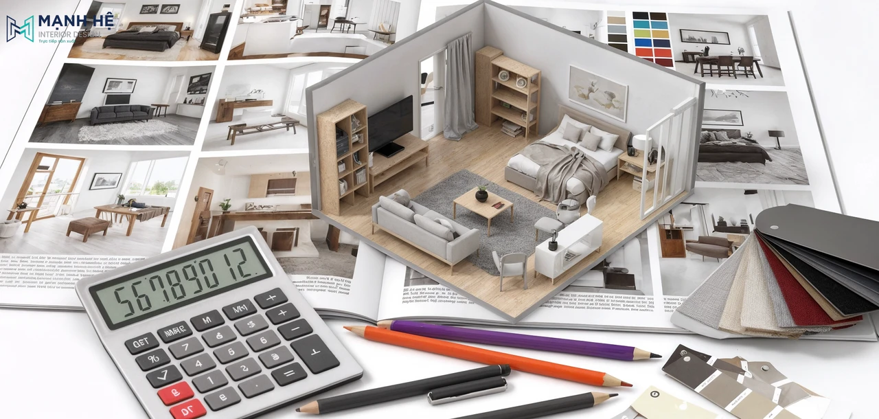 Mô hình phòng ngủ 3D kết hợp thước đo, bút và máy tính, tượng trưng cho quy trình cách tính m2 phòng