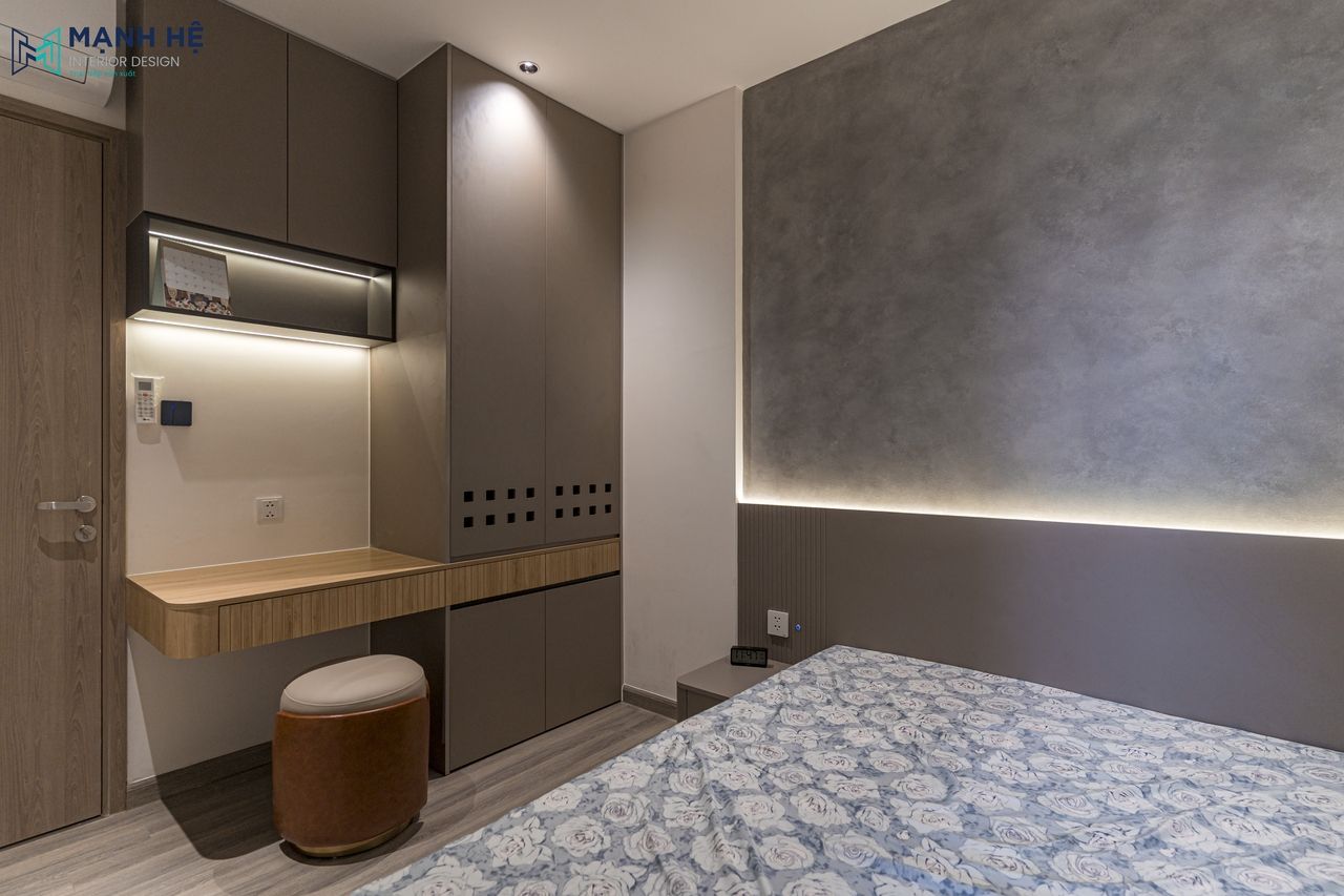 Thi công hoàn thiện phòng ngủ phụ chung cư gam màu nâu xám ấm áp, hiện đại