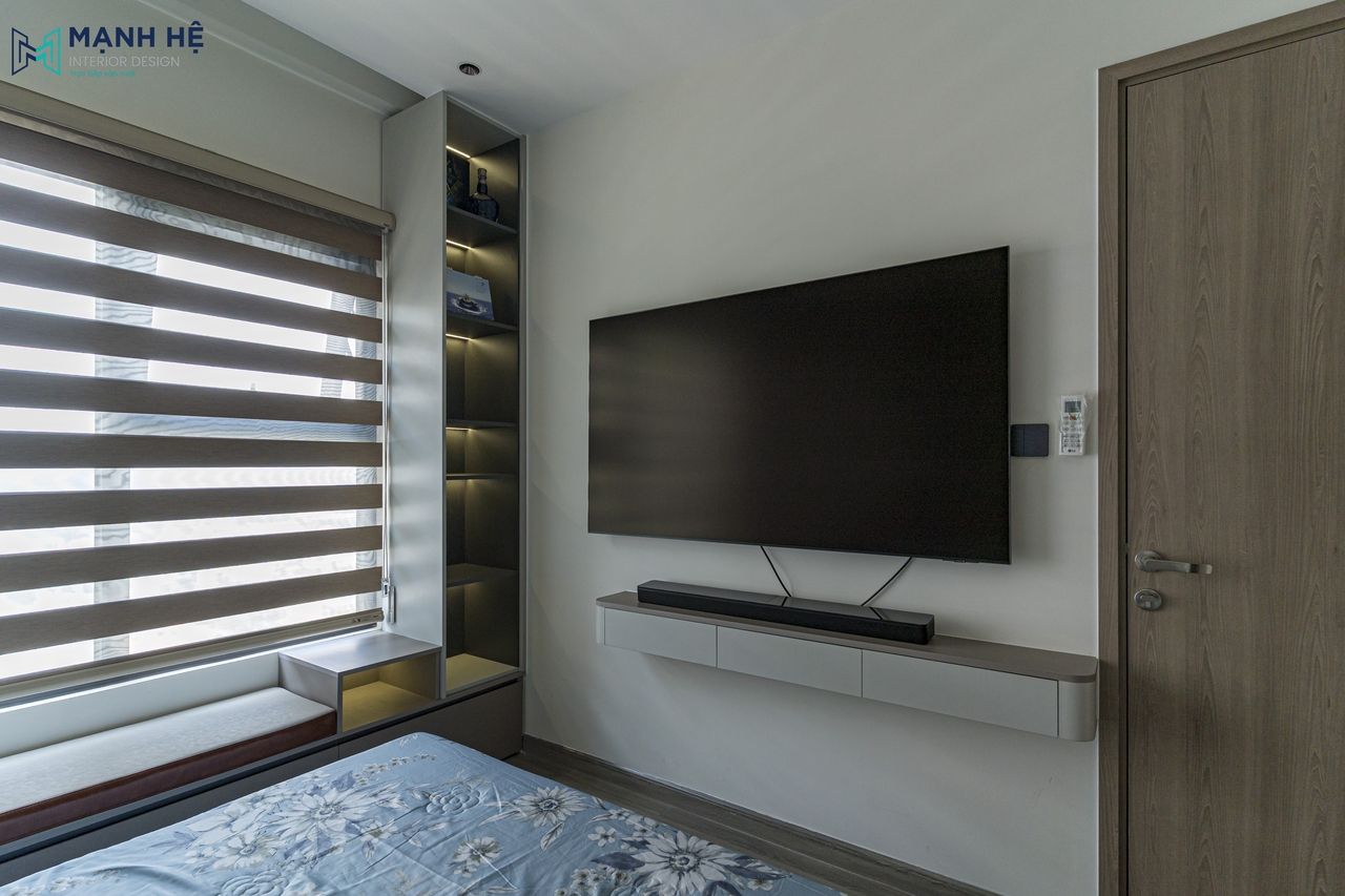 Thi công kệ tivi treo tường tích hợp nhiều ngăn chứa đồ bằng chất liêu gỗ công nghiệp chủ đạo