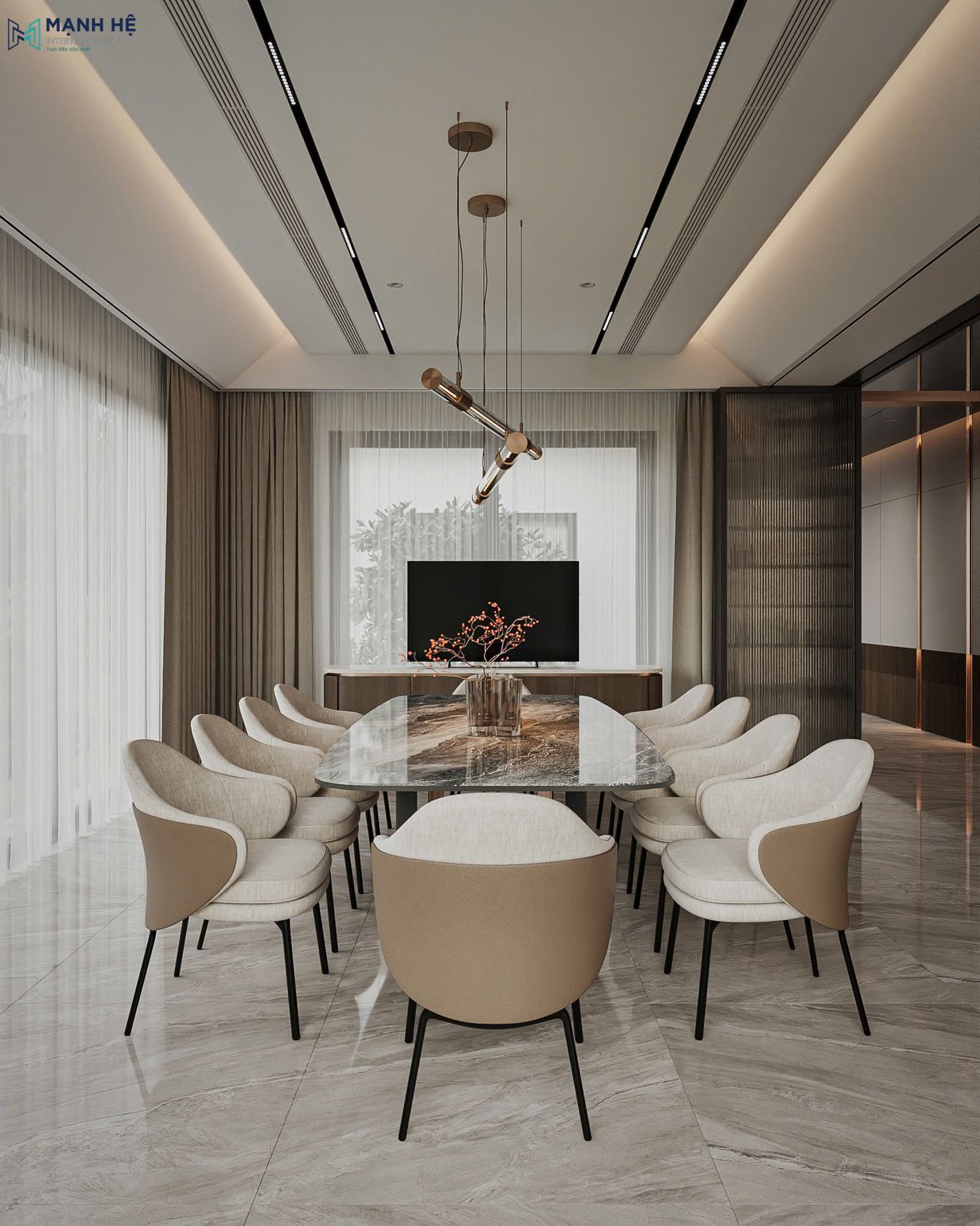 Phòng ăn hiện đại với bàn đá vân mây, ghế bọc nỉ màu be và ánh sáng tự nhiên dịu nhẹ.