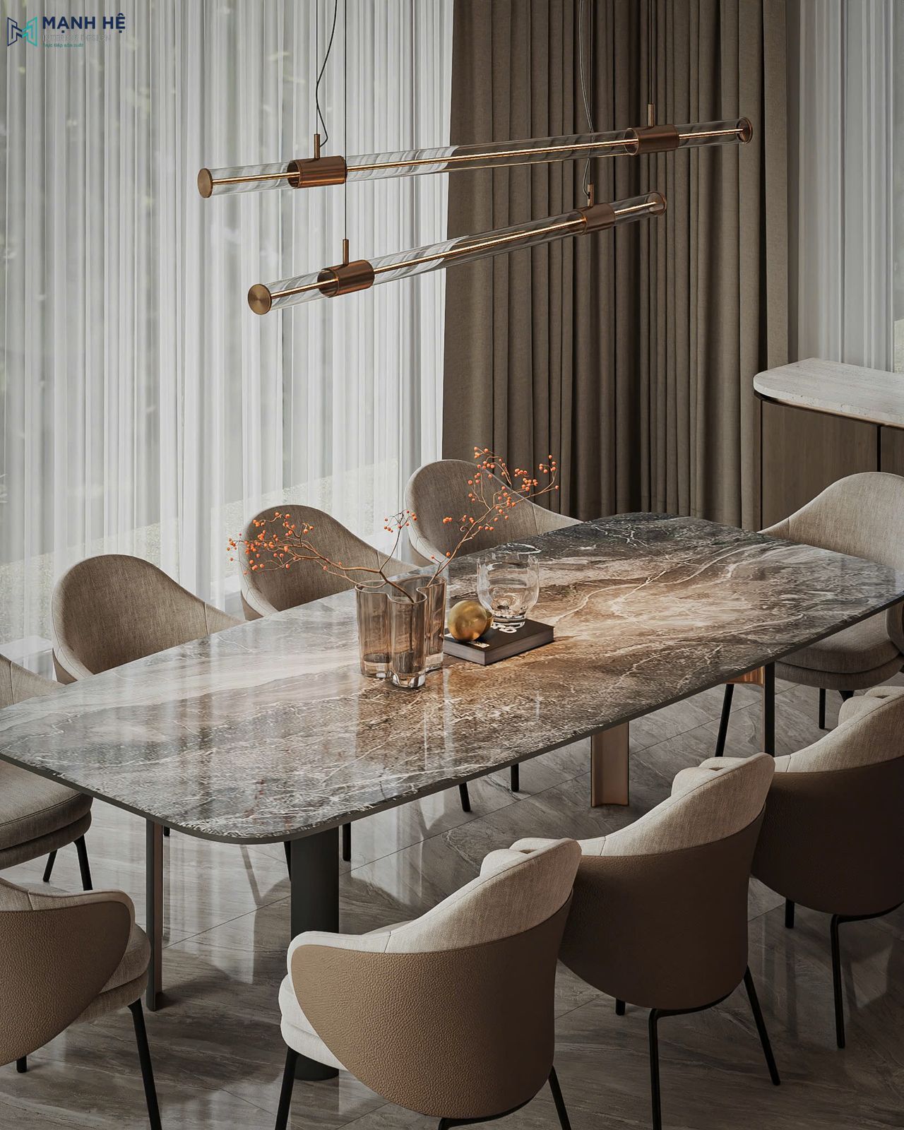 Bàn ăn đá tự nhiên với vân mây và đèn thả bàn ăn tạo ánh sáng phản chiếu sang trọng