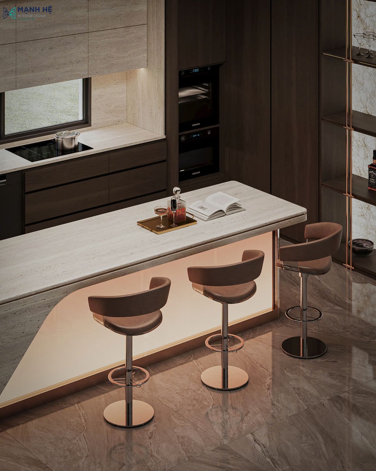 Đảo bếp bo cong kết hợp quầy bar với ghế chân cao và ánh sáng hắt ấm áp