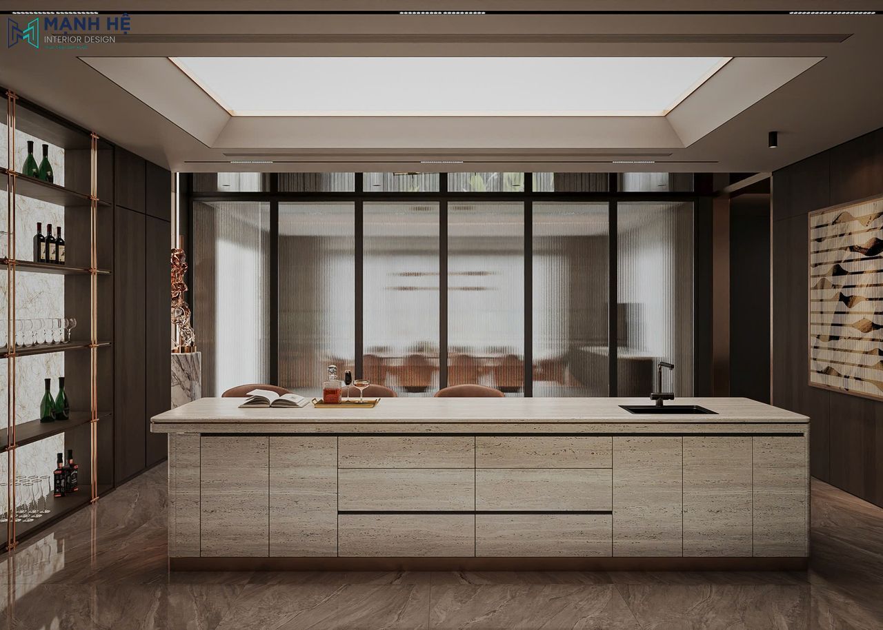 Thiết kế vách ngăn kính mờ, ngăn phòng bếp và phòng ăn tinh tế