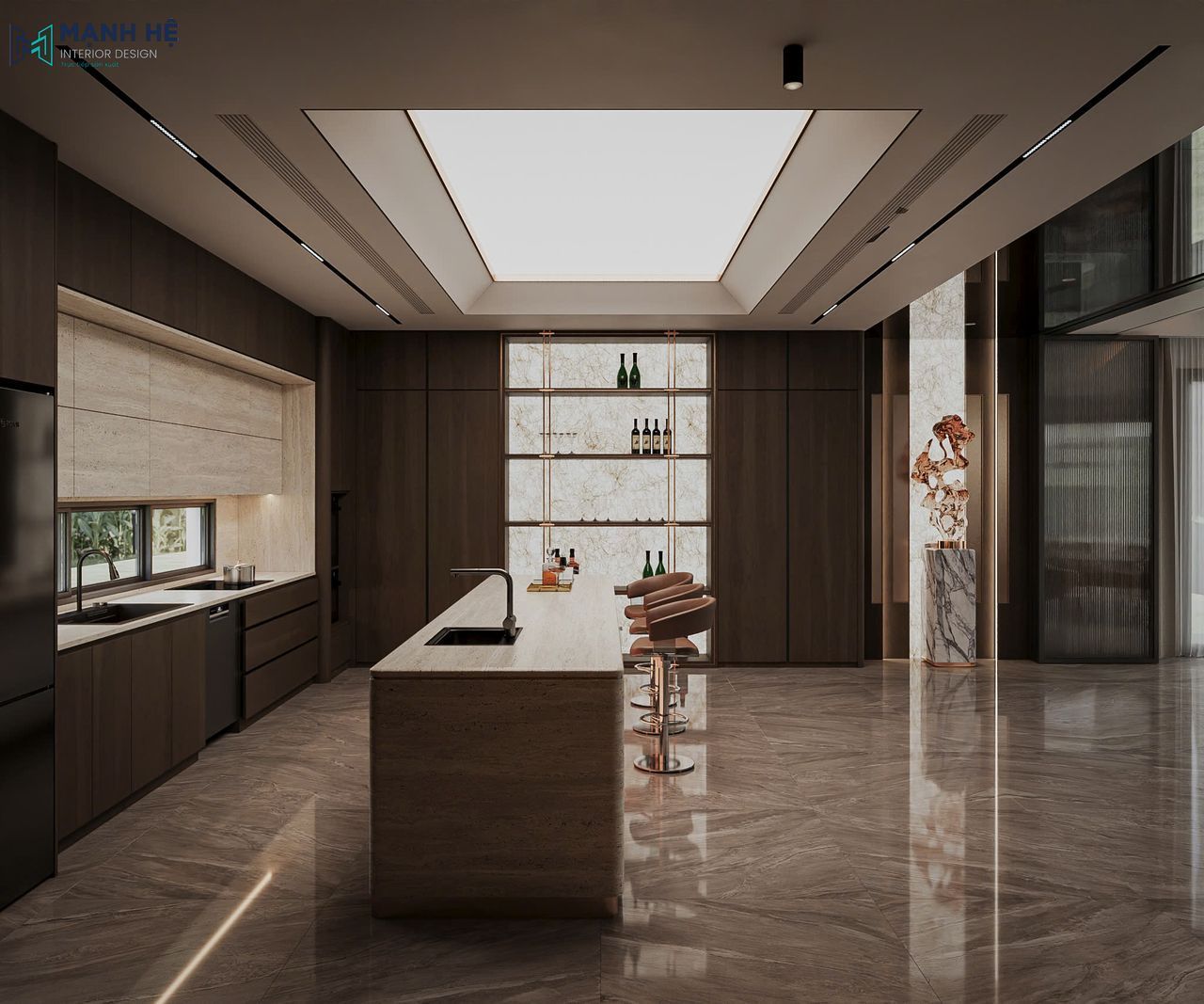 Đảo bếp và hệ bếp chữ I kịch trần được đặt song song, gam màu gỗ trầm ấm cúng