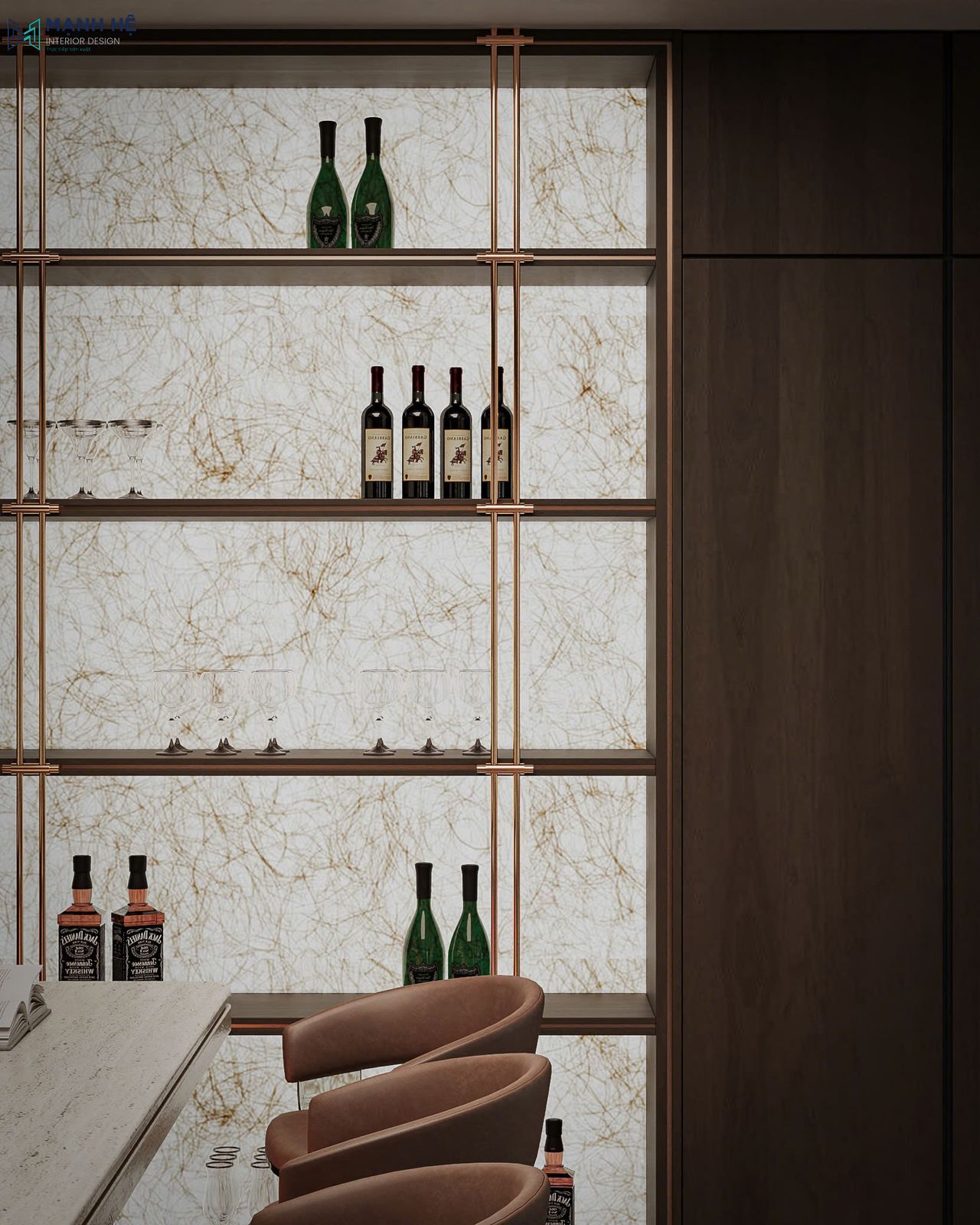 Tủ trưng bày rượu mở với chất liệu đá xuyên sáng tạo điểm nhấn sang trọng