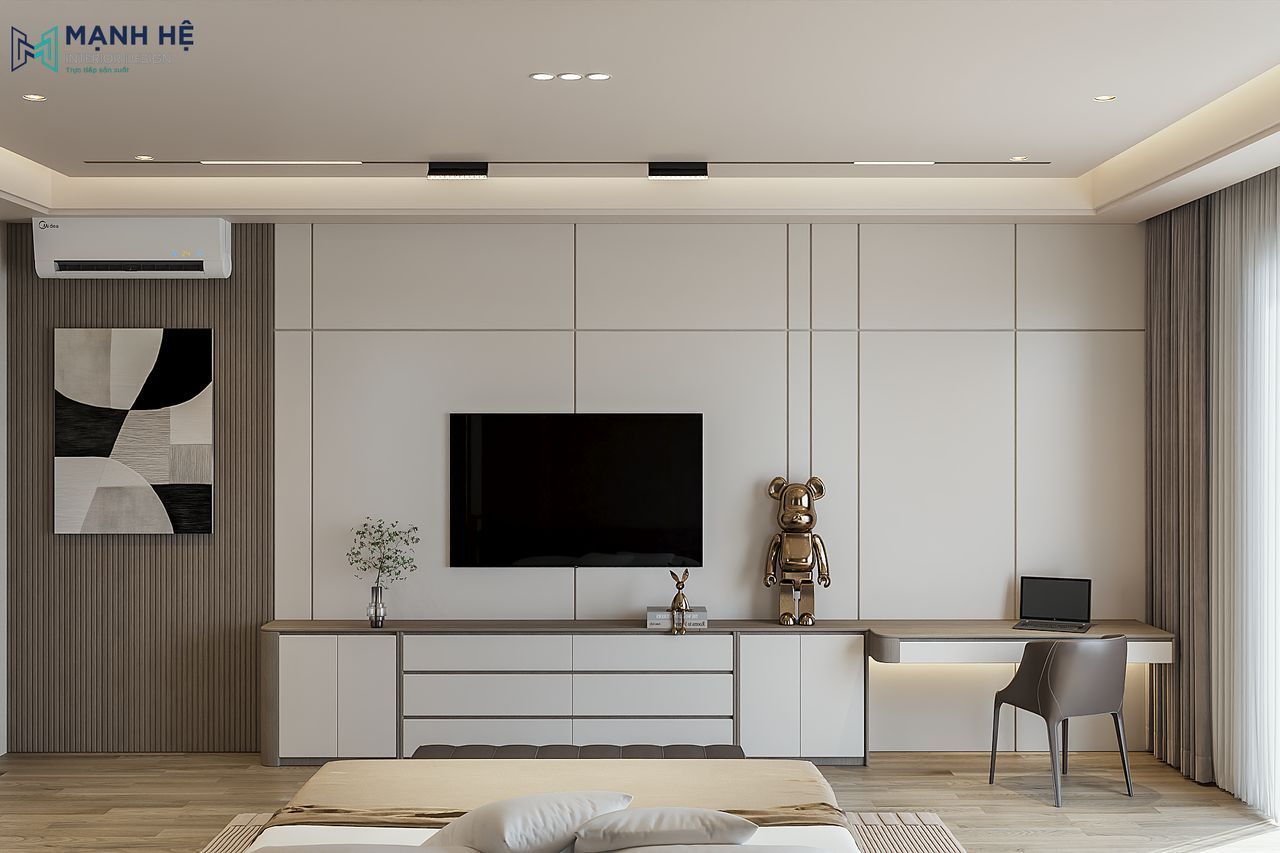Phòng ngủ master với vách tivi tích hợp bàn làm việc gam màu trắng tối giản
