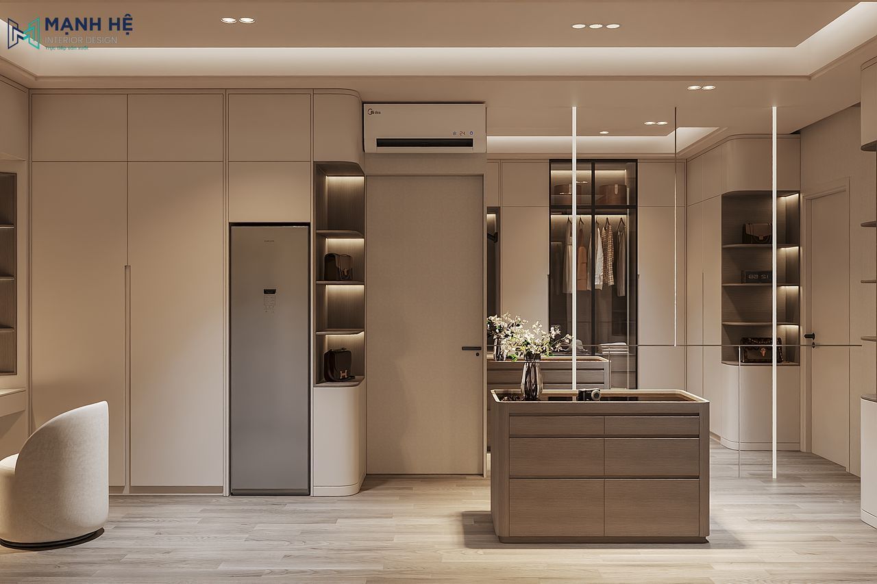 Tủ quần áo được thiết kế kịch trần tích hợp ngăn đựng két sắt, và tủ cánh gương kịch trần