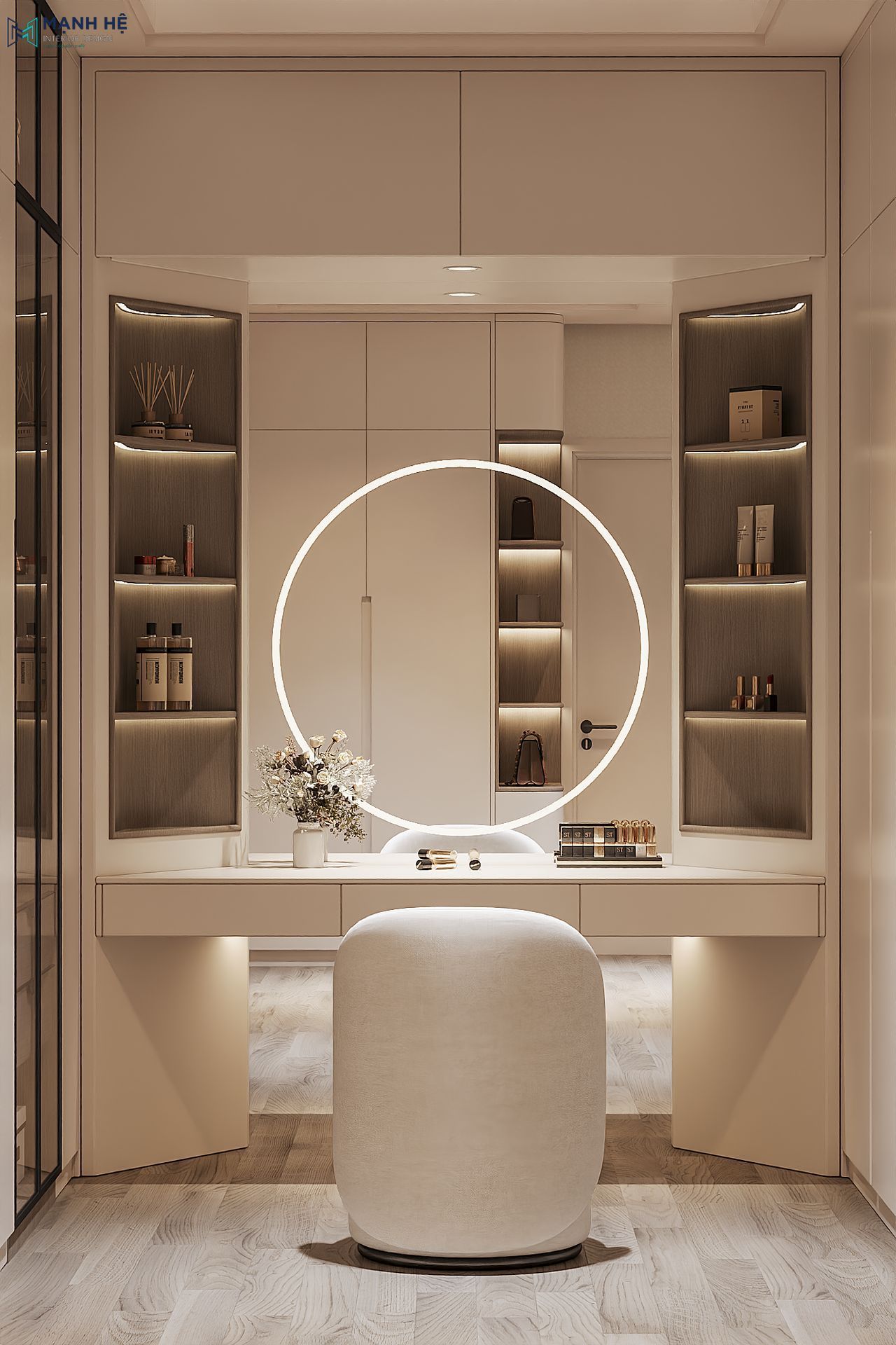 Bàn trang điểm với tủ lưu trữ kịch trần, gương chạm sàn sang trọng