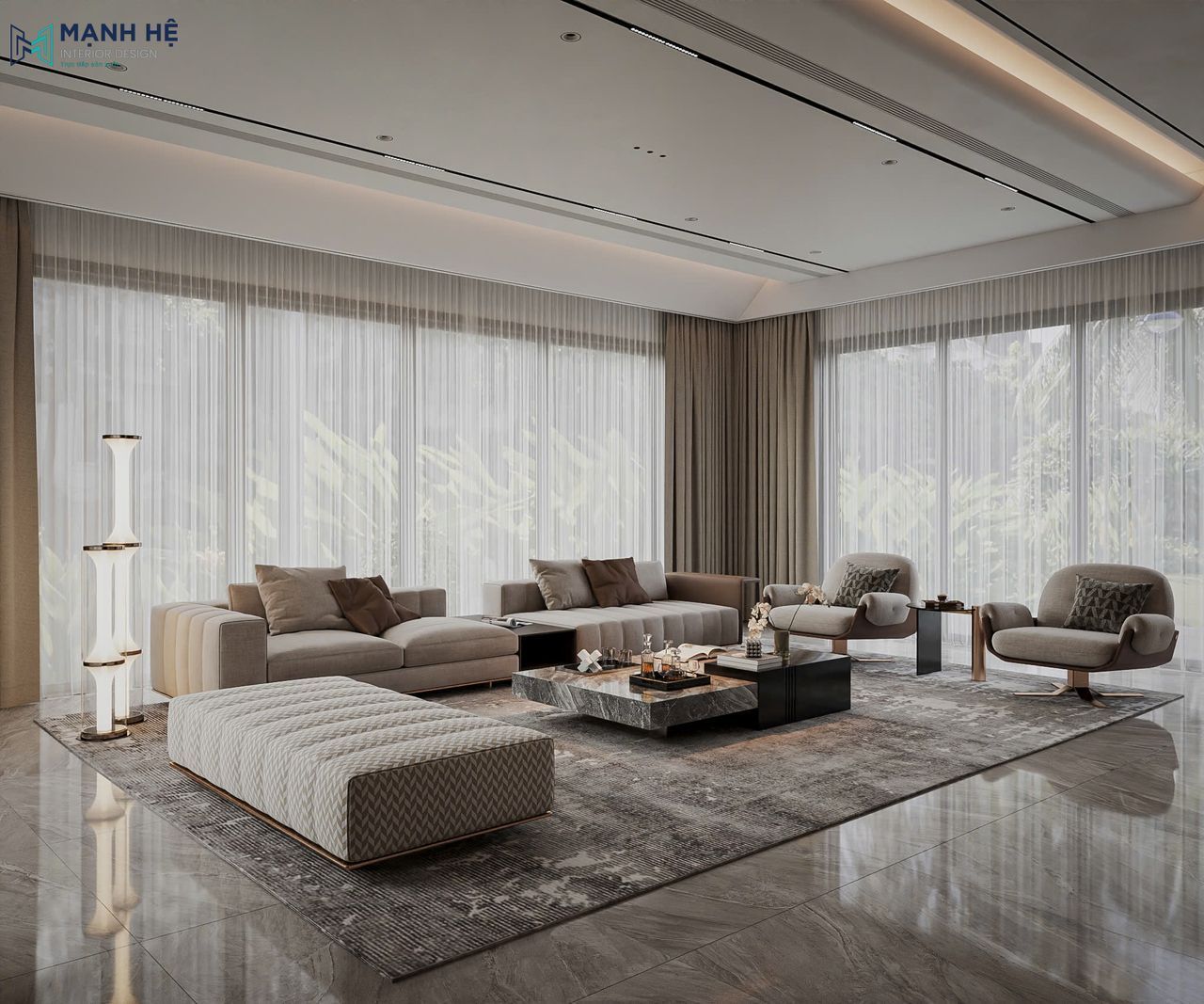 Toàn cảnh phòng khách hiện đại với sofa lớn, ghế bành đôi và ánh sáng LED hắt ở trần ánh sáng tự nhiên tràn ngập.