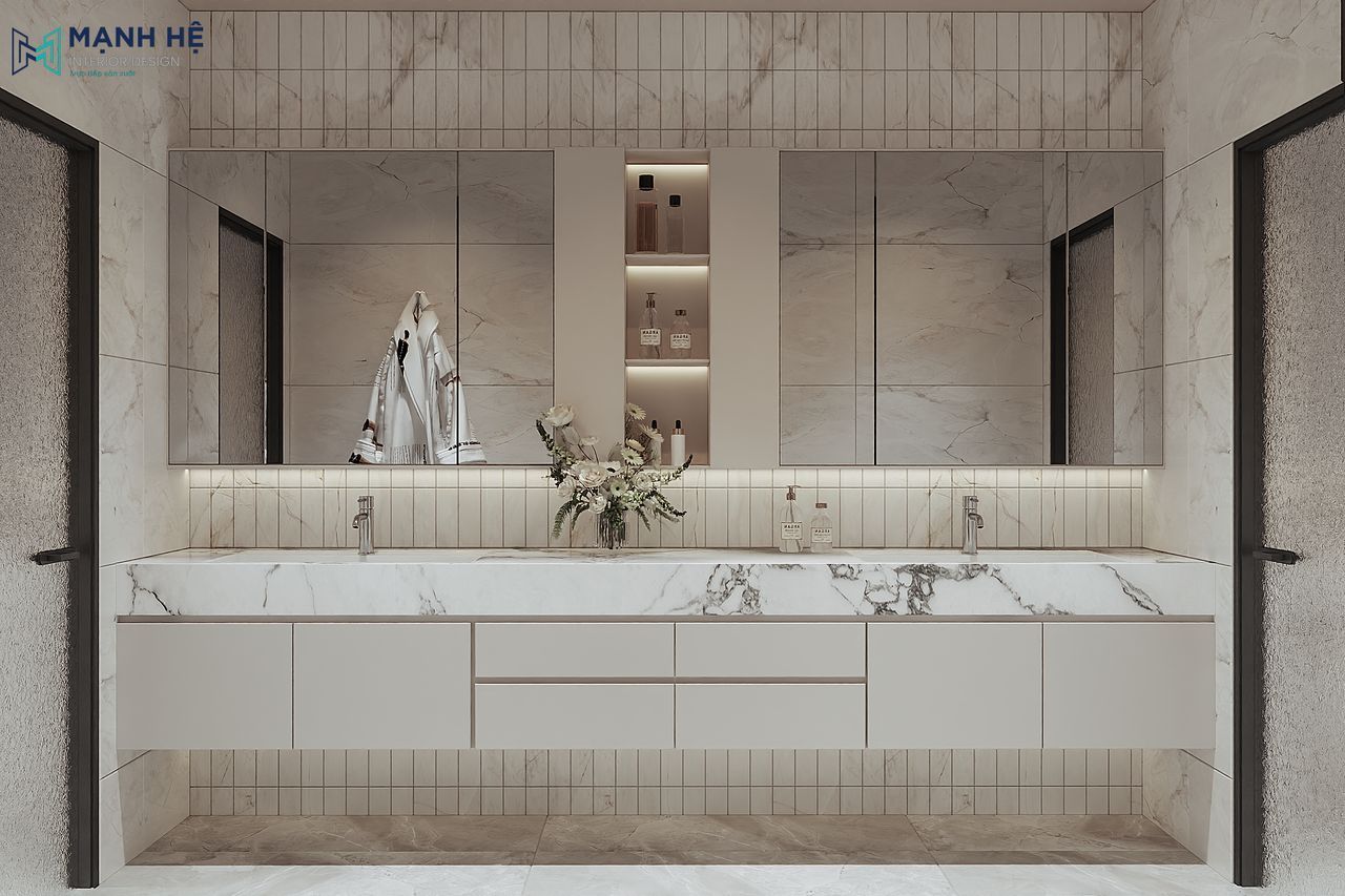 Nhà vệ sinh với lavabo đôi, phía trên bố trí tủ lưu trữ cánh gương, và kệ trưng bày mở