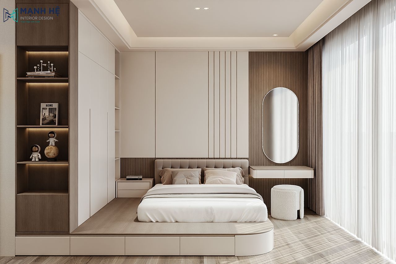 Thiết kế vách đầu giường ốp nỉ kết hợp lam gỗ, không gian phòng ngủ hiện đại