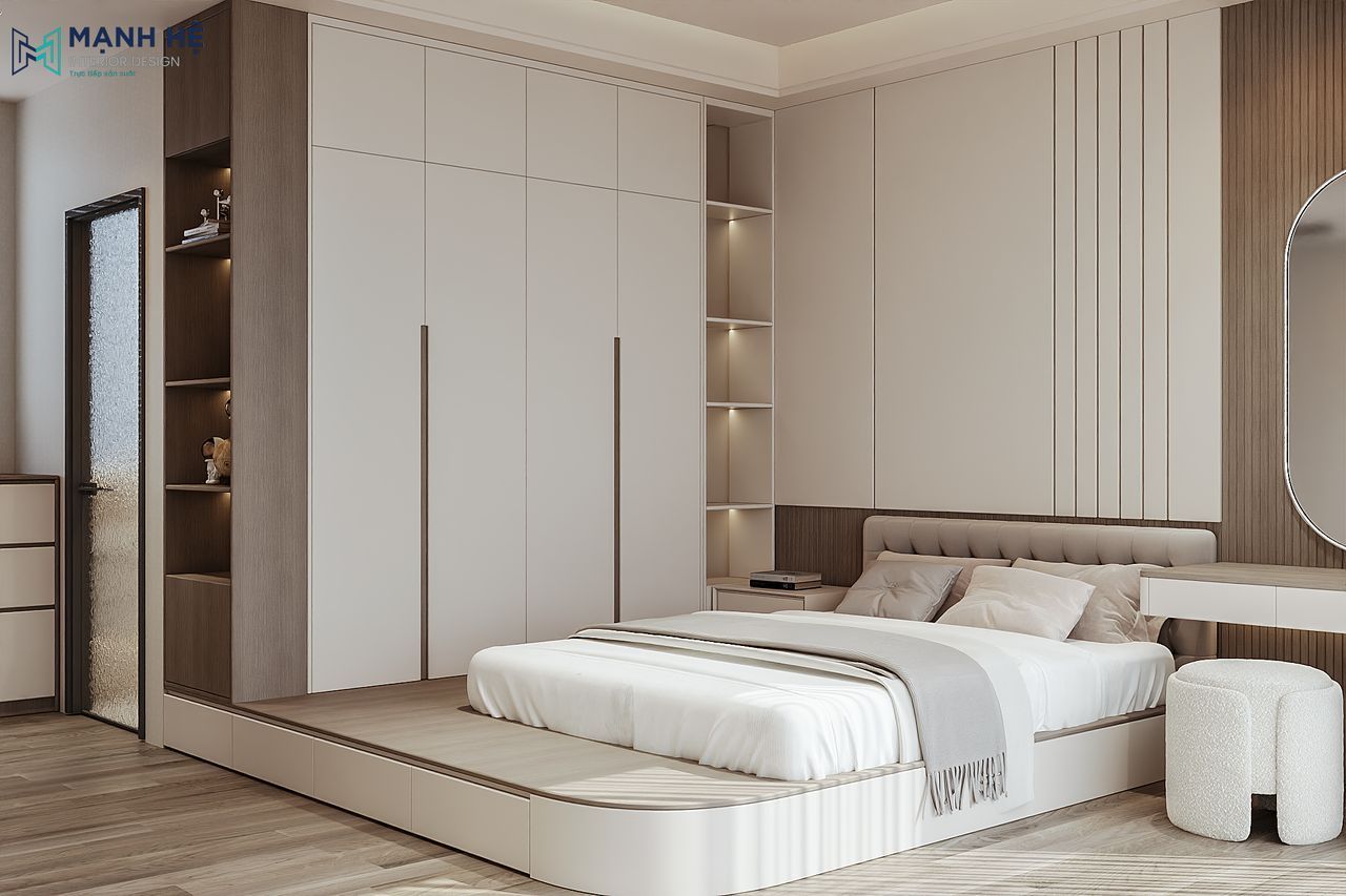 Tủ quần áo kịch trần kết hợp đèn led hắt sáng, thiết kế tinh tế cùng bục giường bo cong ấn tượng