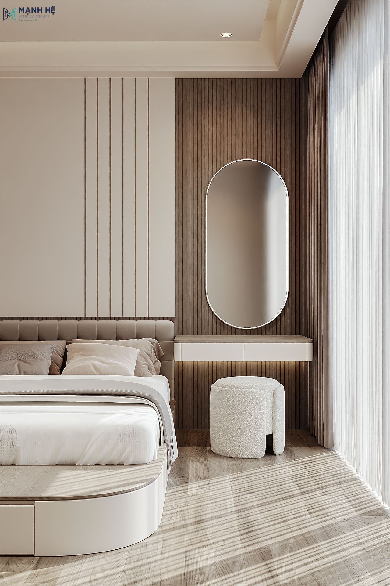 Bàn trang điểm treo tường cùng gương bo cong hiện đại, thiết kế tinh tế trong phòng ngủ biệt thự Kiên Giang