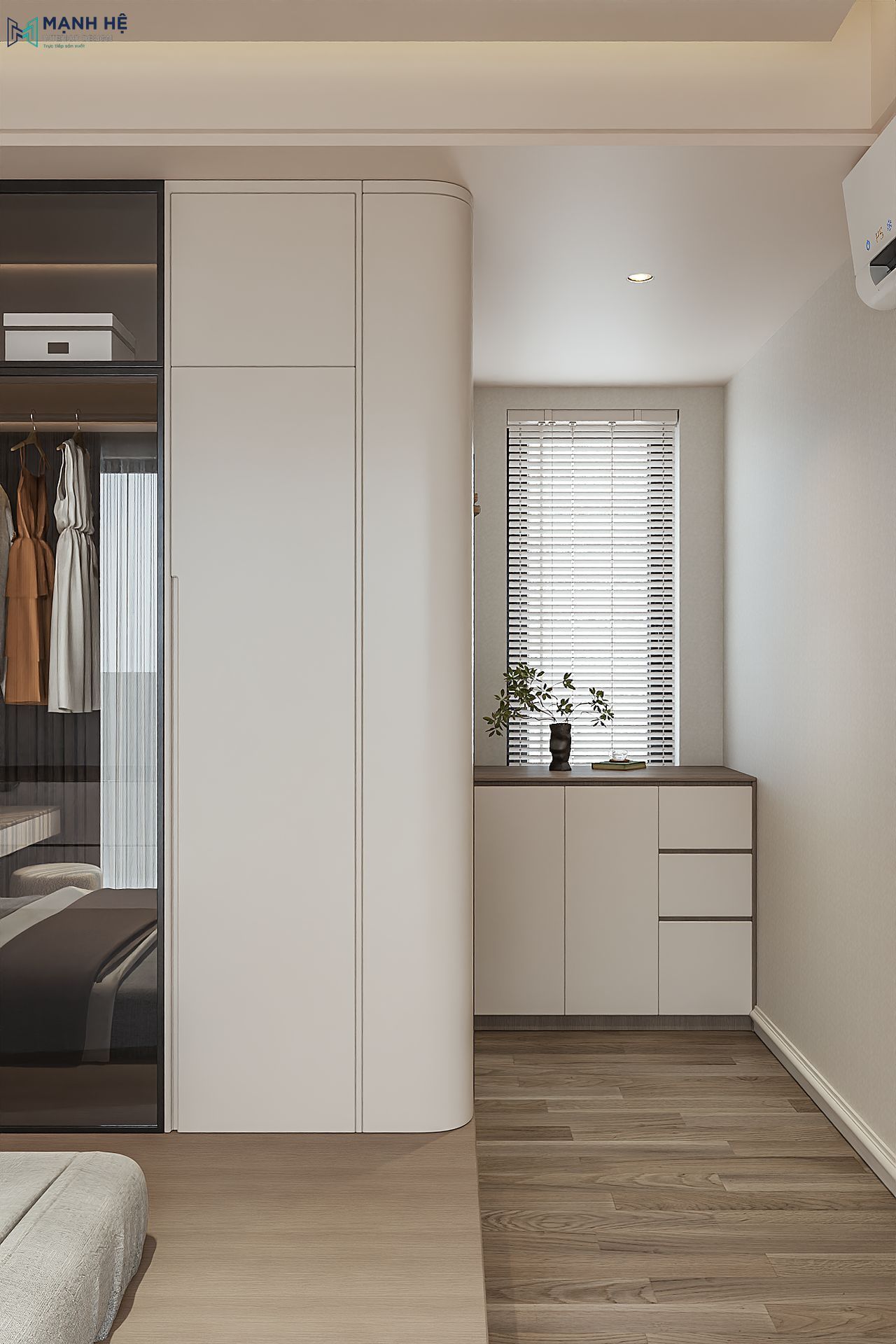 Góc tủ phụ cạnh cửa sổ đón sáng tự nhiên, giúp phòng ngủ luôn thoáng và ấm áp