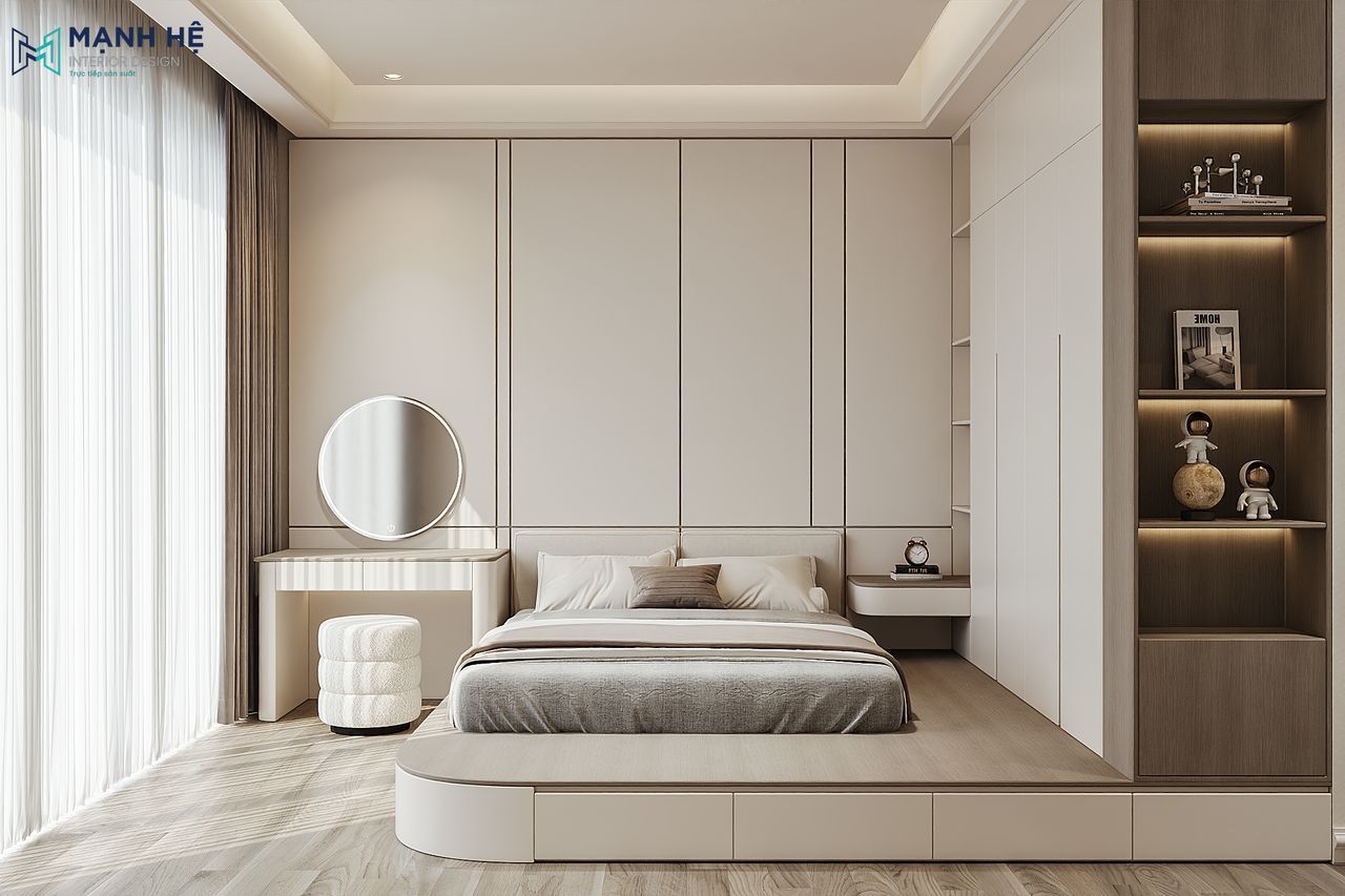 Giường bục bo cong kết hợp bàn trang điểm gương tròn, tạo điểm nhấn mềm mại