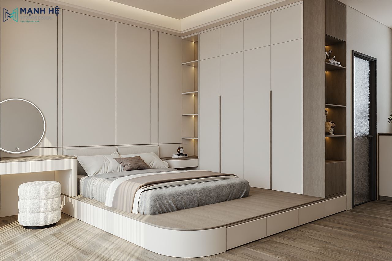 Tủ quần áo kịch trần kết hợp hộc mở đèn led hắt sáng, thiết kế tinh tế