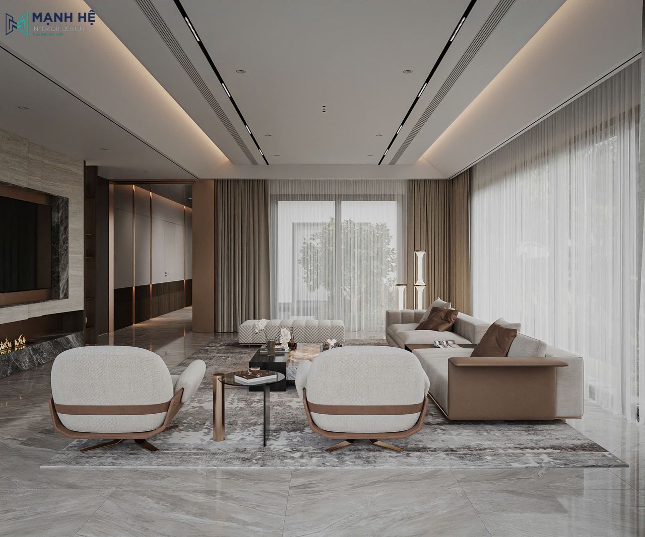 Phòng khách thiết kế mở, nội thất tone trung tính với rèm voan và ánh sáng tự nhiên tràn ngập