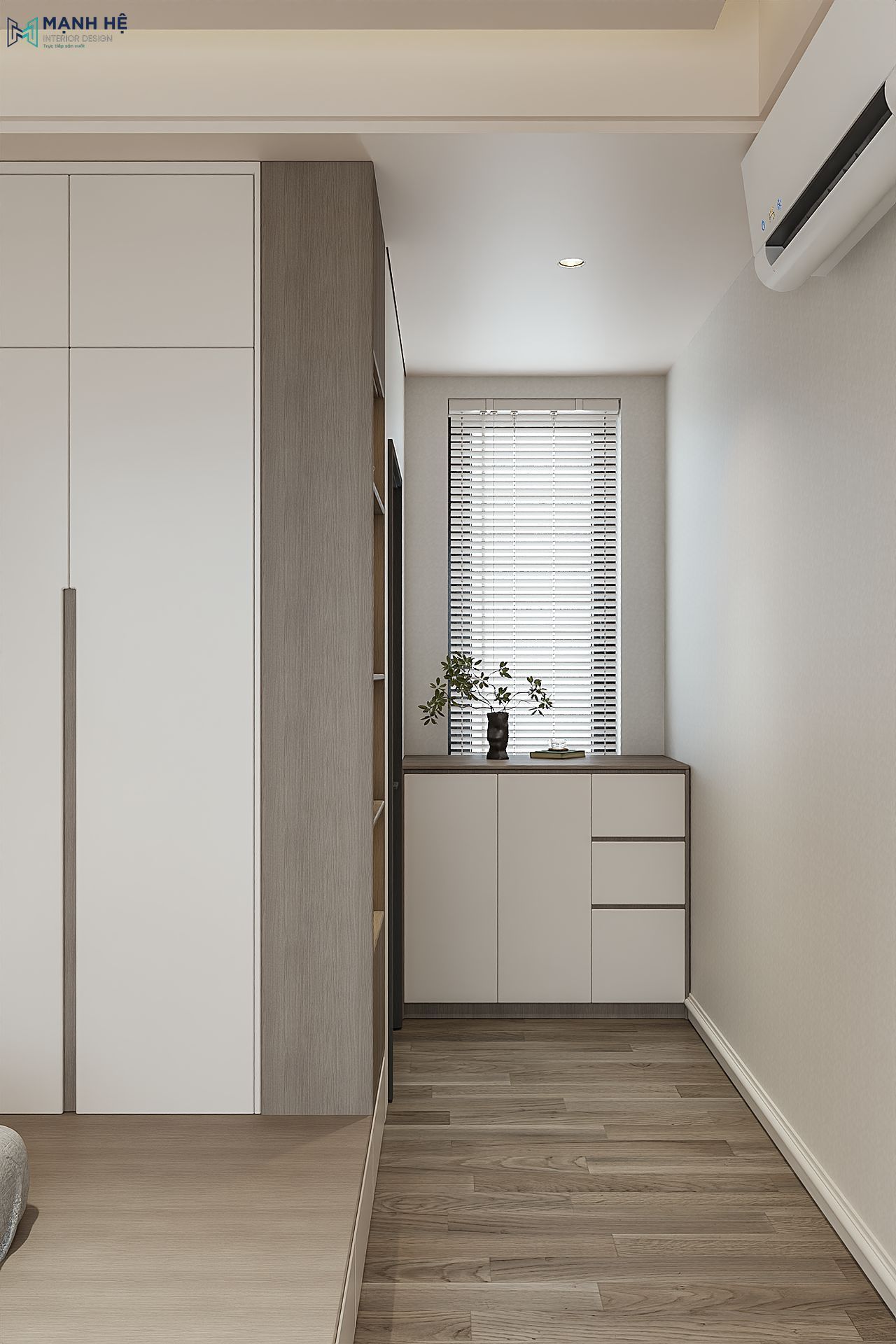 Tủ phụ cạnh cửa sổ đón sáng tự nhiên, bố trí gọn gàng cho phòng ngủ thoáng đãng