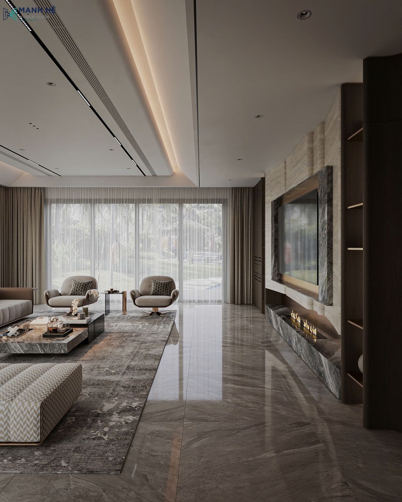 Không gian được kết hợp vật liệu đá và gỗ ở vách tivi cùng ánh sáng hắt trần hiện đại