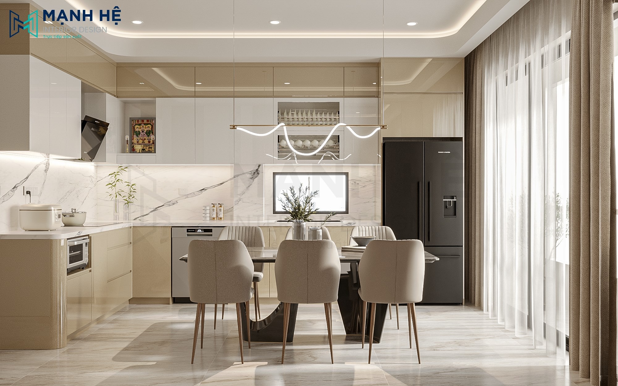 Tủ bếp trên sử dụng khung nhôm cánh kính màu trà, giúp tăng độ bền chống ẩm mốc và mang lại vẻ đẹp sang trọng