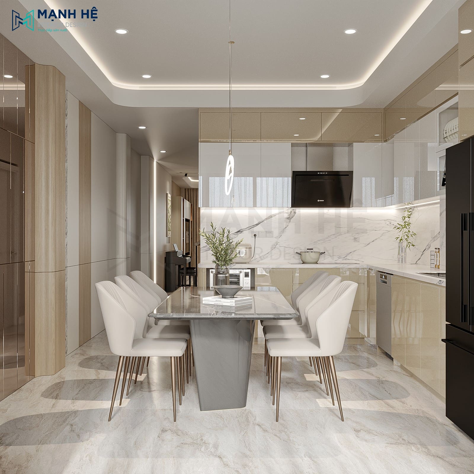 Bàn ăn mặt đá đặt tại trung tâm, tạo sự kết nối liền mạch giữa không gian bếp và phòng khách