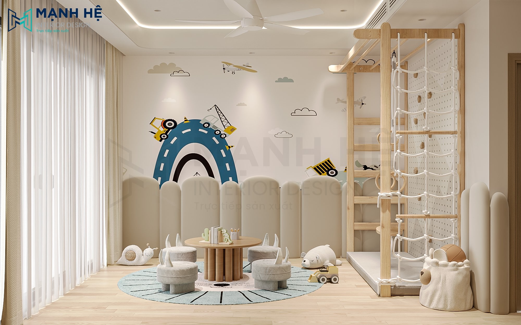 Phòng chơi cho bé được bọc vách nệm lượn sóng, đảm bảo an toàn tối đa cho bé khi vui chơi, vận động