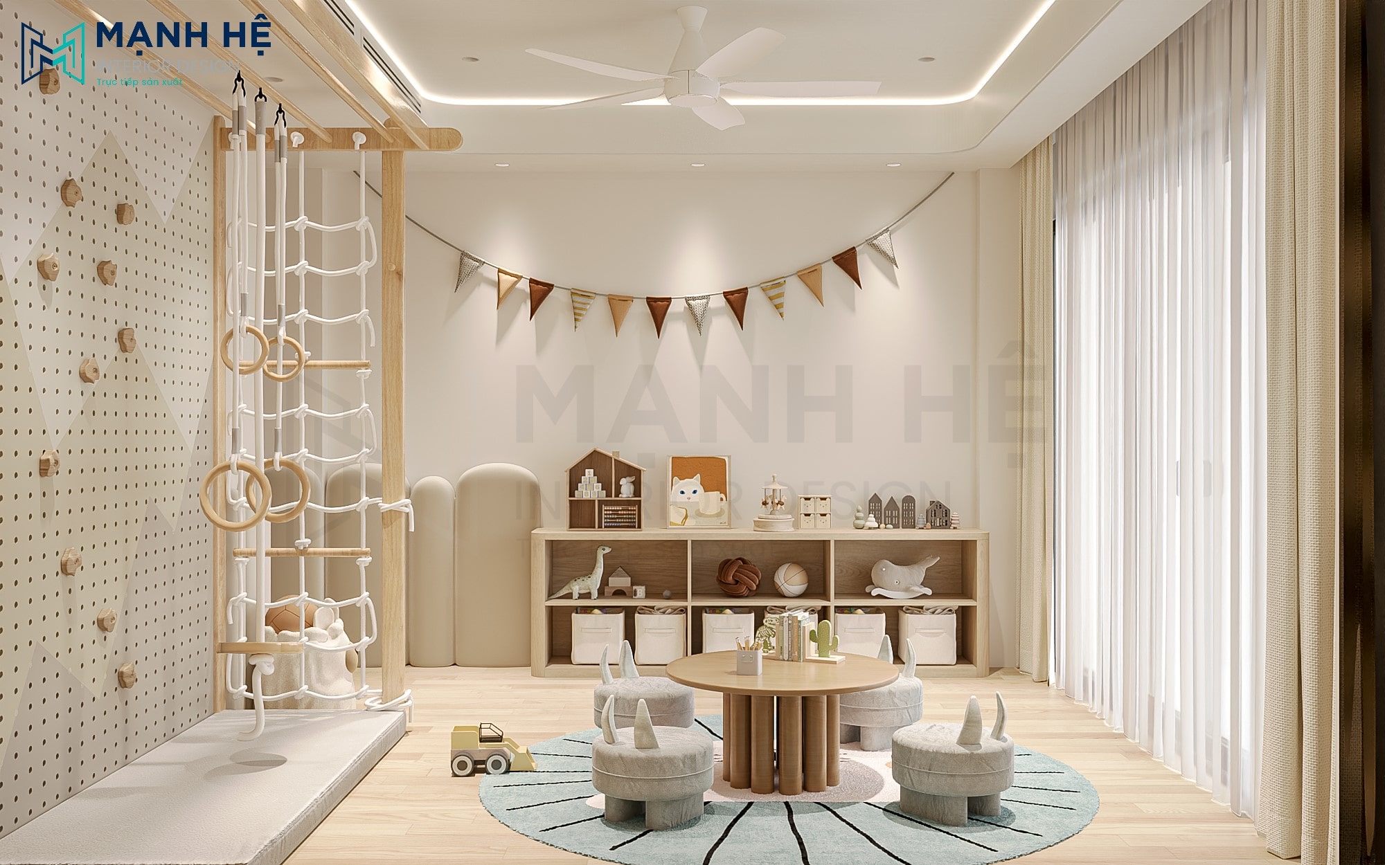 Tổng thể phòng chơi an toàn với khu vận động gỗ và kệ đồ chơi tầm thấp, khuyến khích bé tự do khám phá