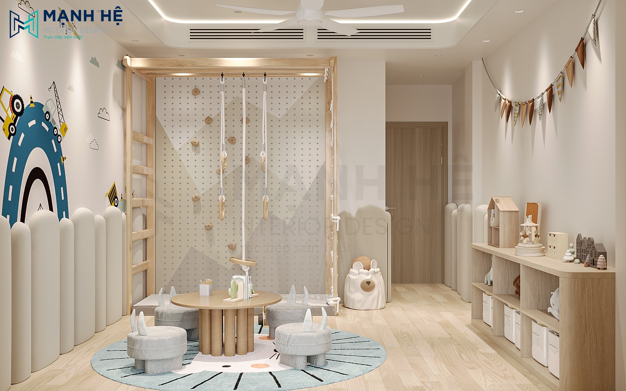 Khu vận động liên hoàn bằng gỗ với vách leo núi, giúp bé rèn luyện thể chất và kỹ năng vận động ngay tại nhà