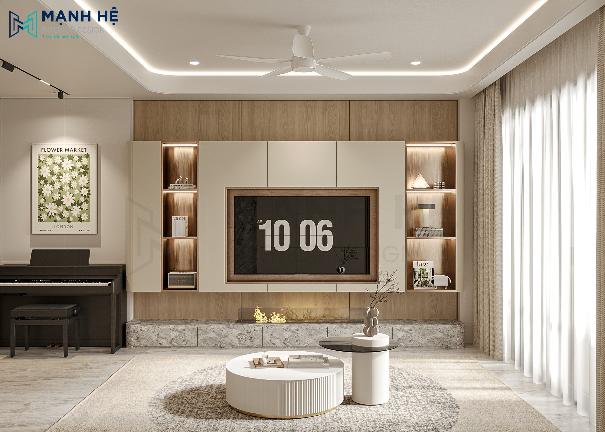 Hệ tủ TV phòng khách thiết kế cân xứng tích hợp lò sưởi giả, mang lại cảm giác ấm cúng và sang trọng cho không gian