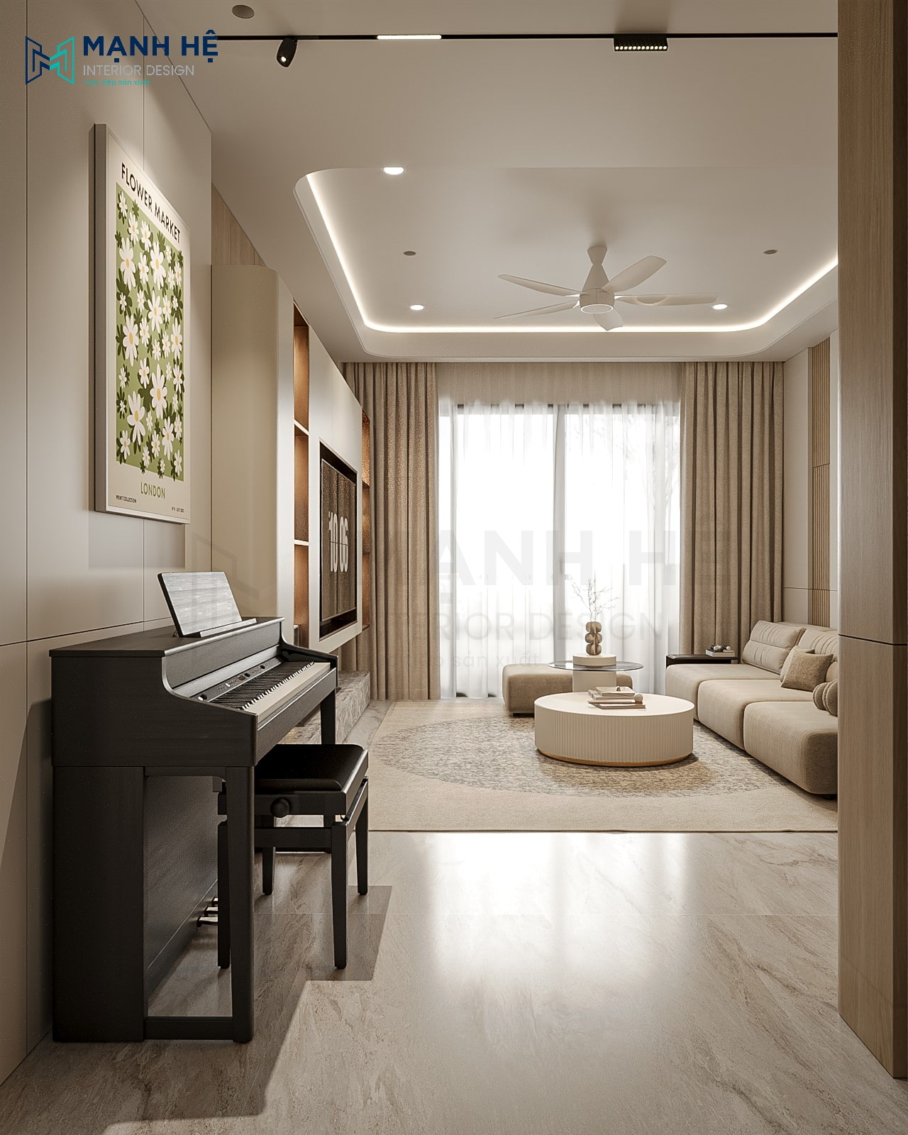 Bố trí phòng khách với đàn piano ngay cạnh cửa sổ lớn, giúp tận dụng tối đa ánh sáng tự nhiên