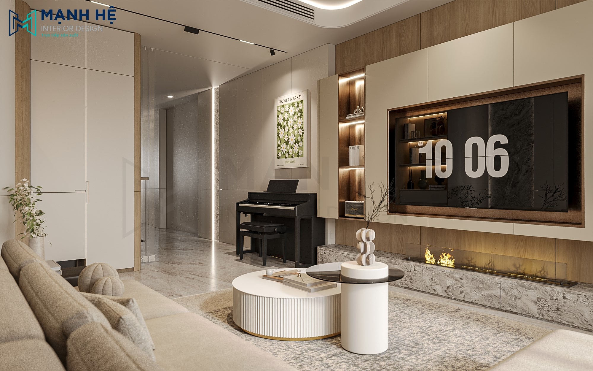 Không gian phòng khách hiện đại, sang trọng với tâm điểm là hệ tủ TV liền mạch và góc đàn piano