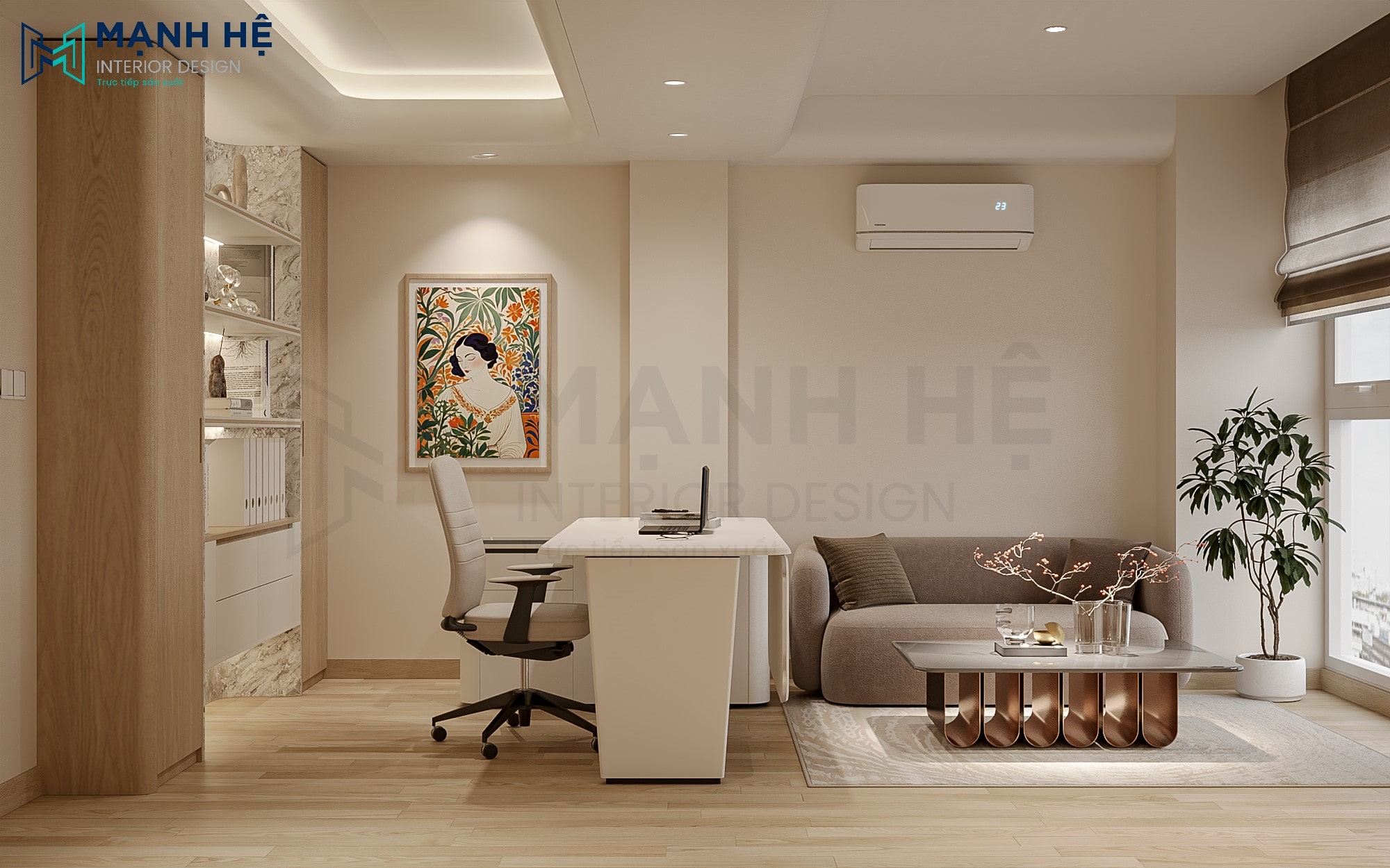 Phòng làm việc bố trí sofa văng cạnh cửa sổ, tạo không gian thư giãn và đón ánh sáng tự nhiên